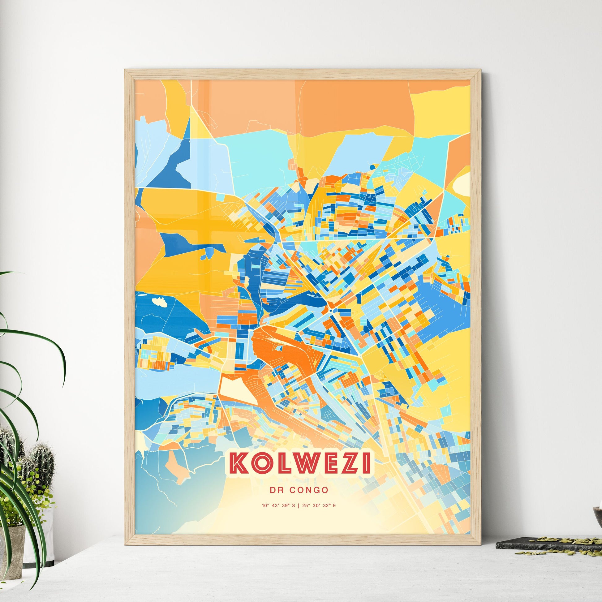 Colorful KOLWEZI DR CONGO Fine Art Map Blue Orange