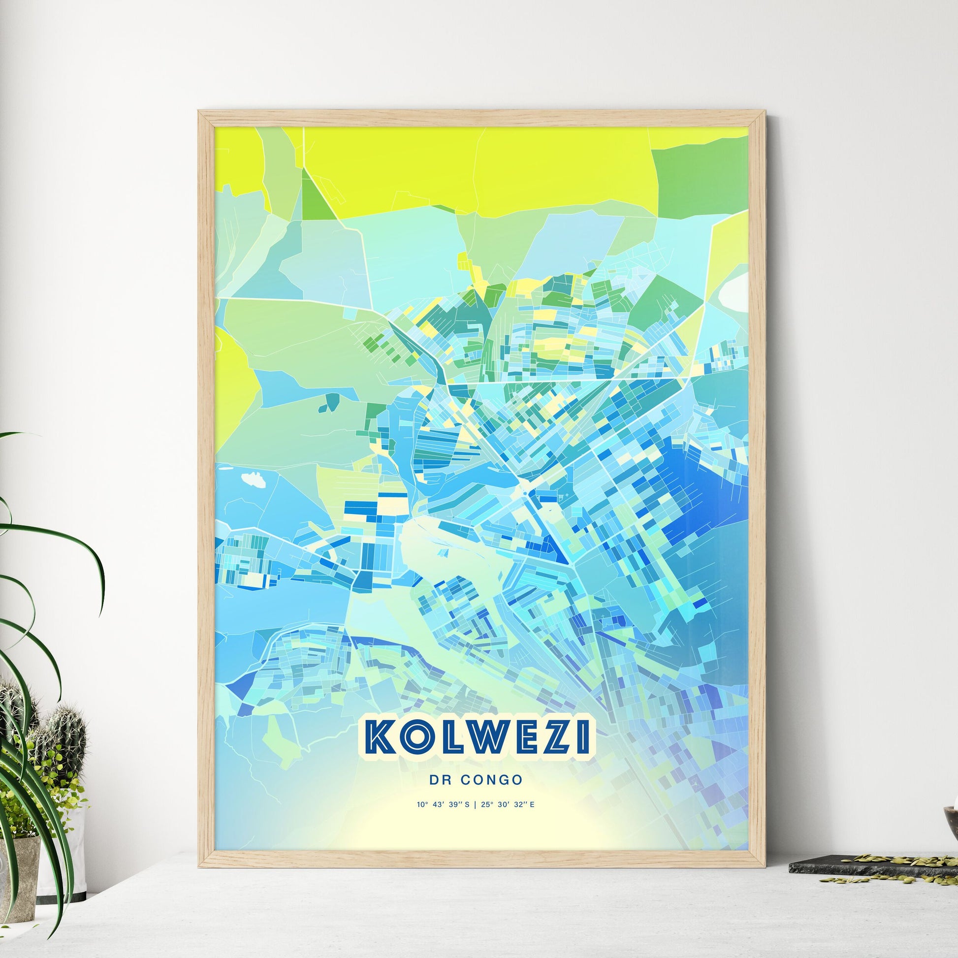 Colorful KOLWEZI DR CONGO Fine Art Map Cool Blue