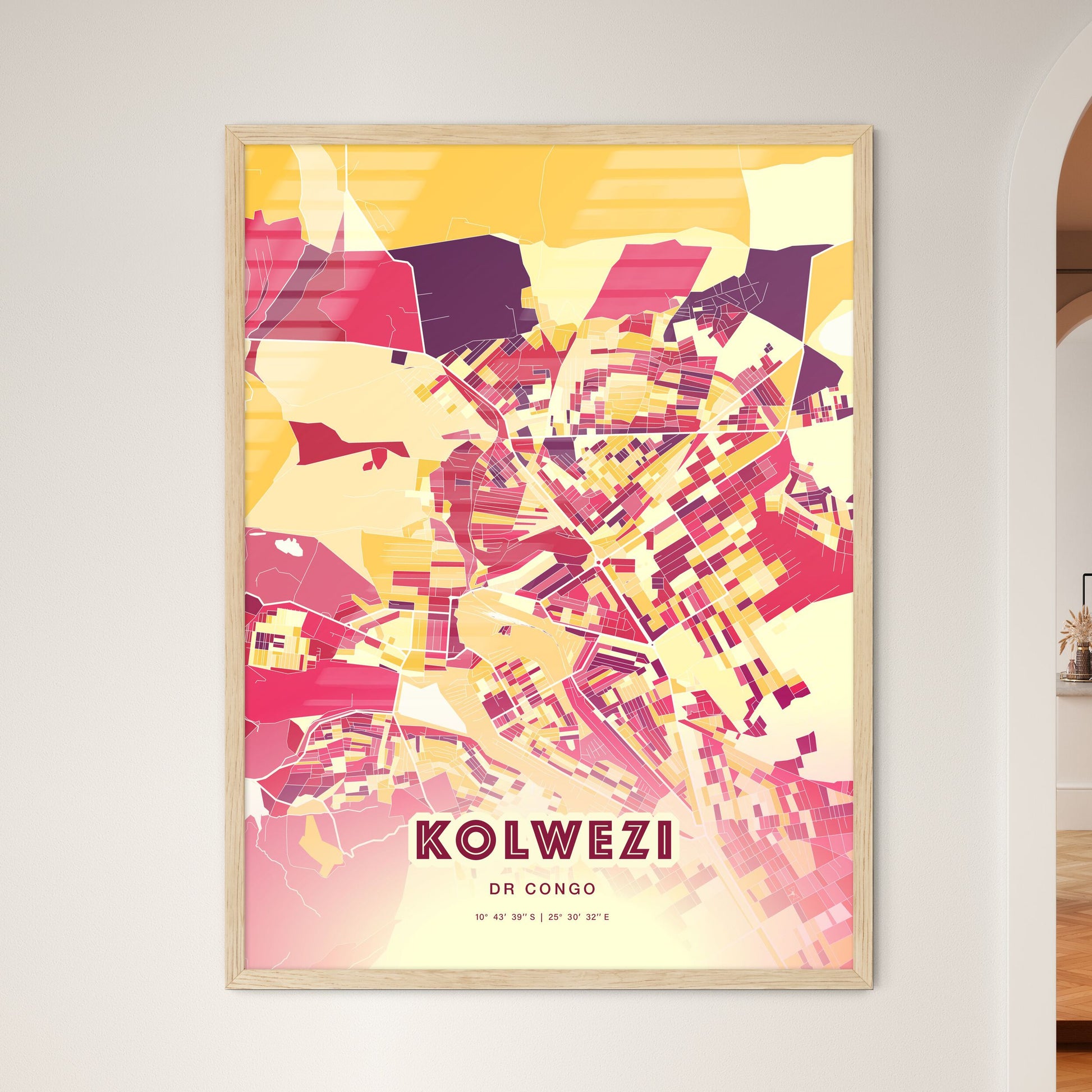 Colorful KOLWEZI DR CONGO Fine Art Map Hot Red