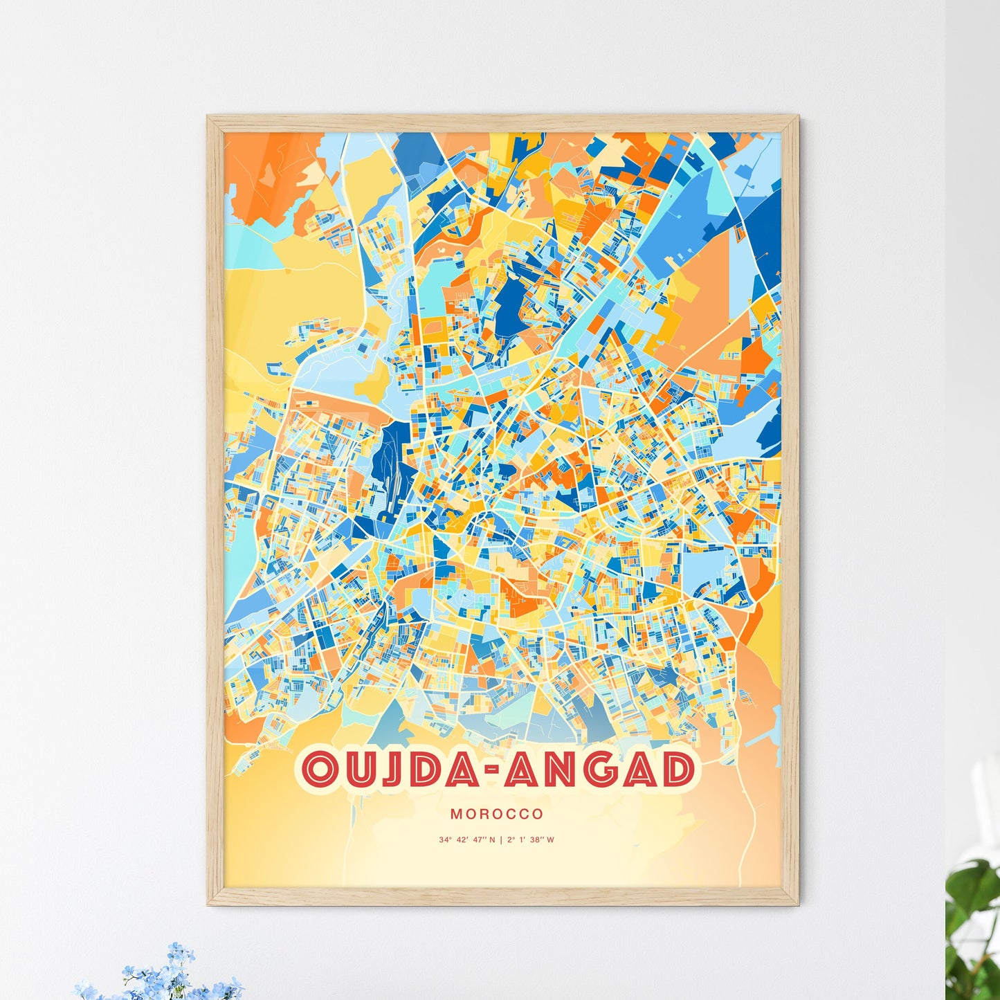 Colorful OUJDA-ANGAD MOROCCO Fine Art Map Blue Orange