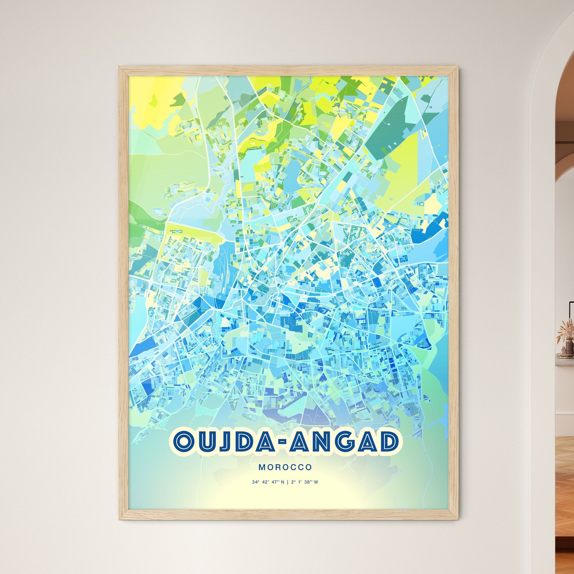 Colorful OUJDA-ANGAD MOROCCO Fine Art Map Cool Blue