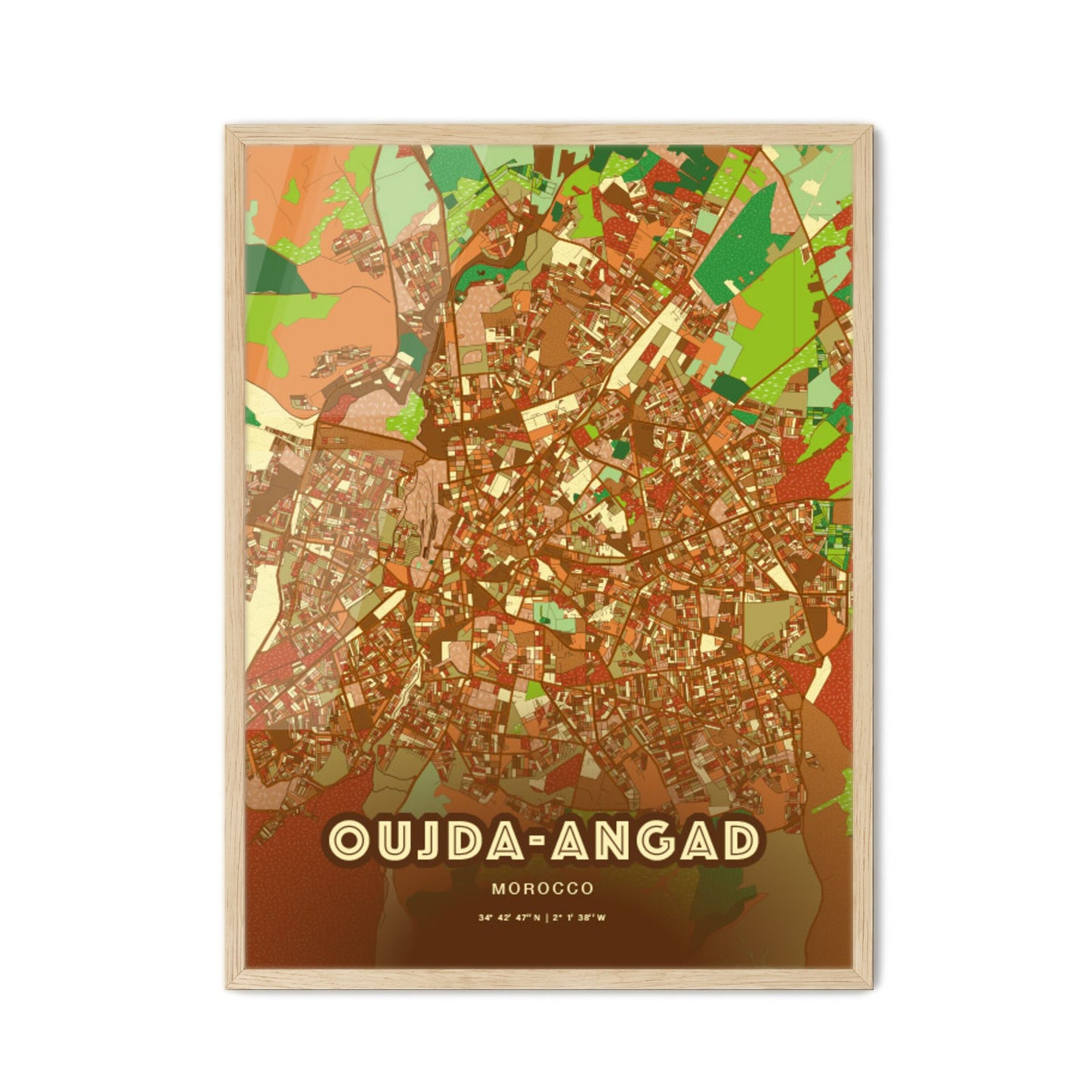 Colorful OUJDA-ANGAD MOROCCO Fine Art Map Farmhouse