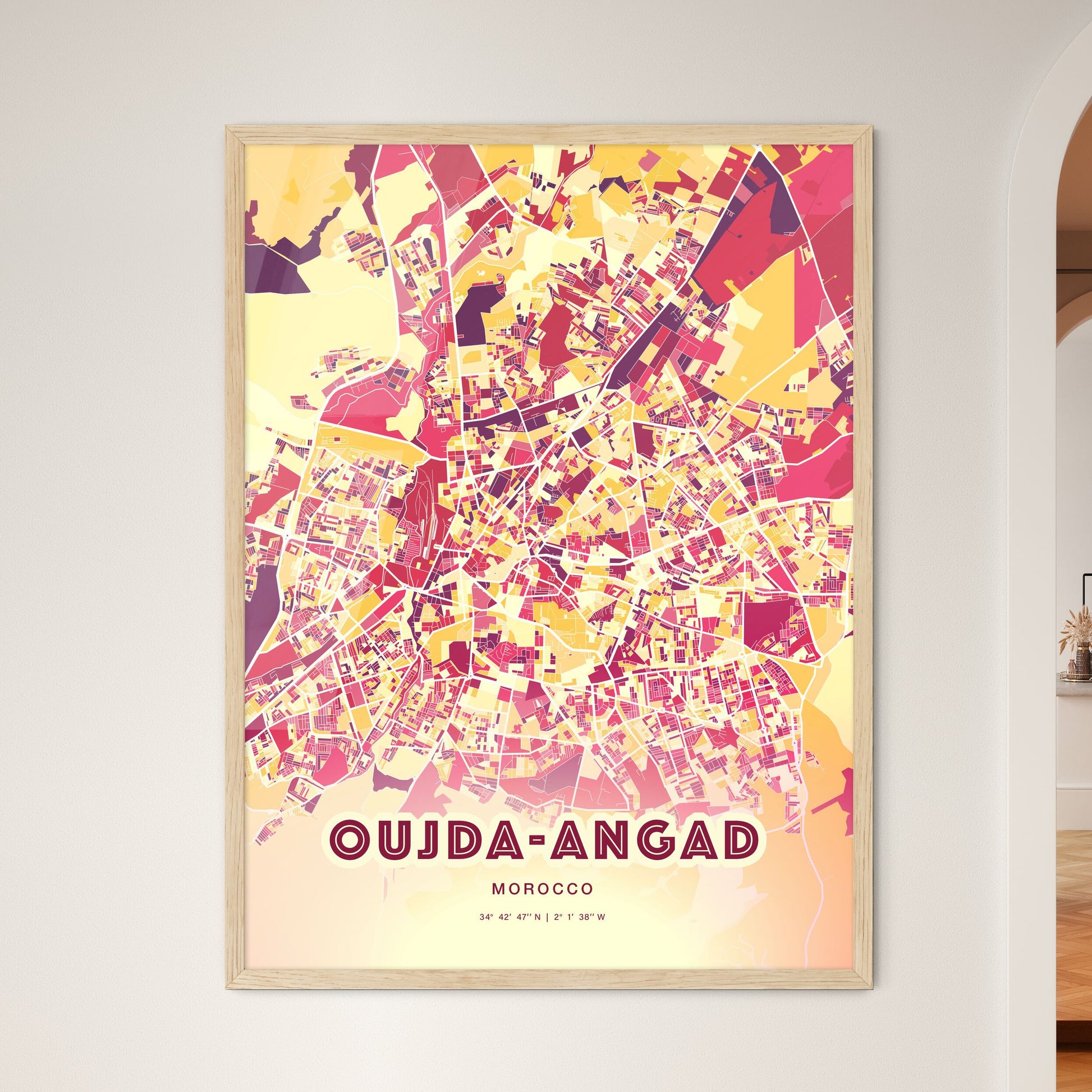 Colorful OUJDA-ANGAD MOROCCO Fine Art Map Hot Red