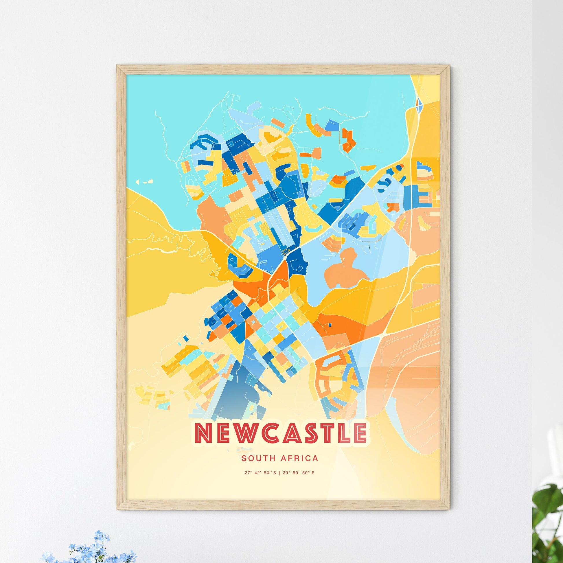 Colorful NEWCASTLE SOUTH AFRICA Fine Art Map Blue Orange