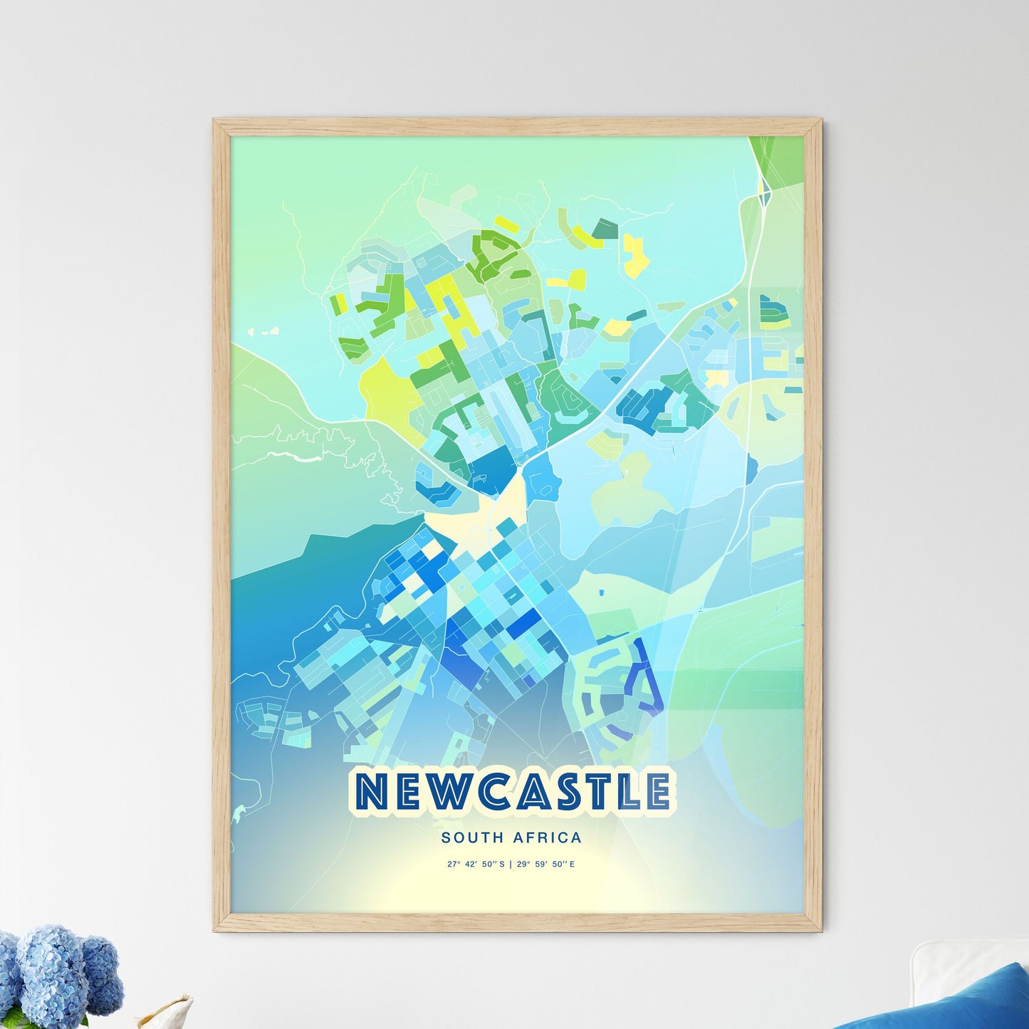 Colorful NEWCASTLE SOUTH AFRICA Fine Art Map Cool Blue