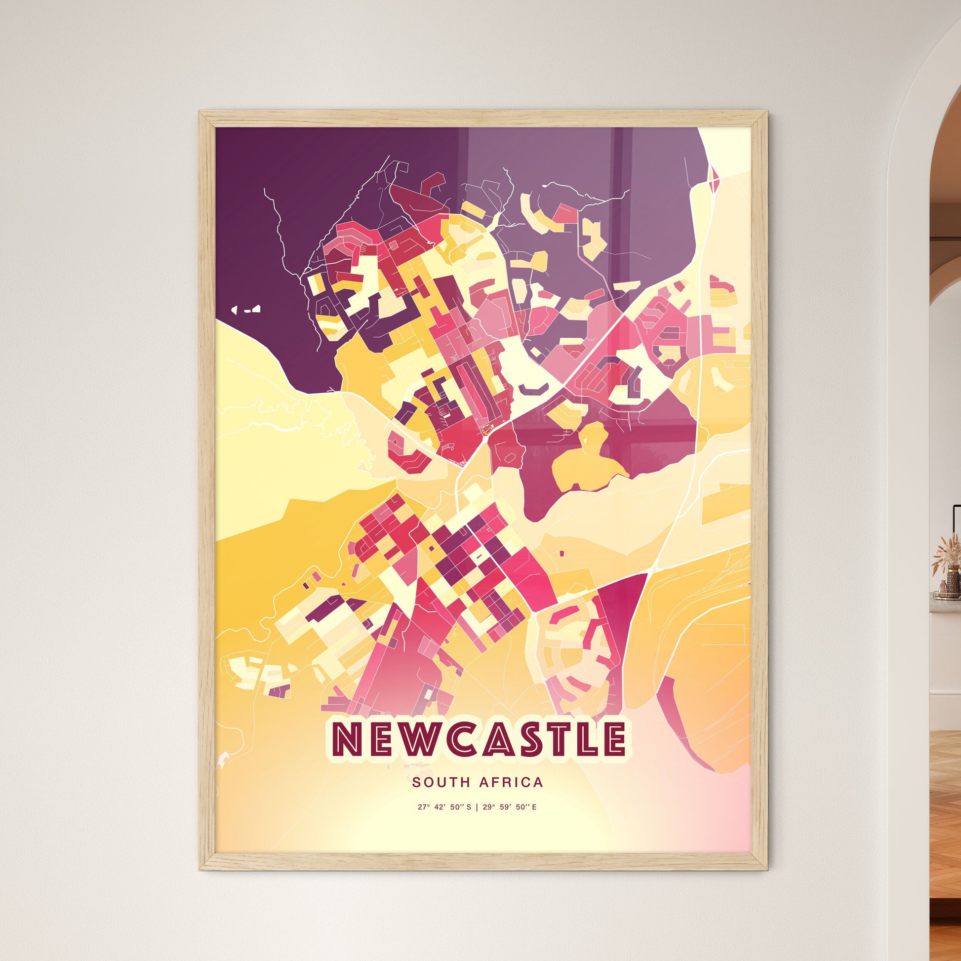 Colorful NEWCASTLE SOUTH AFRICA Fine Art Map Hot Red