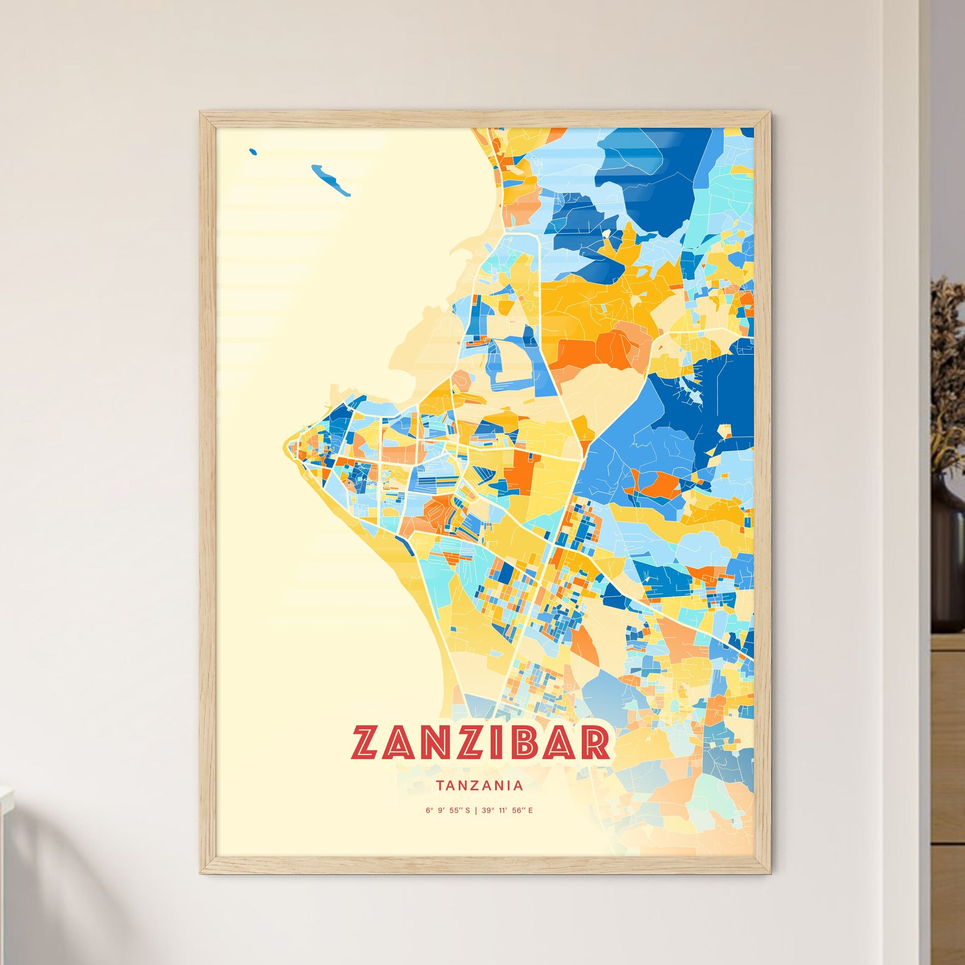 Colorful ZANZIBAR TANZANIA Fine Art Map Blue Orange