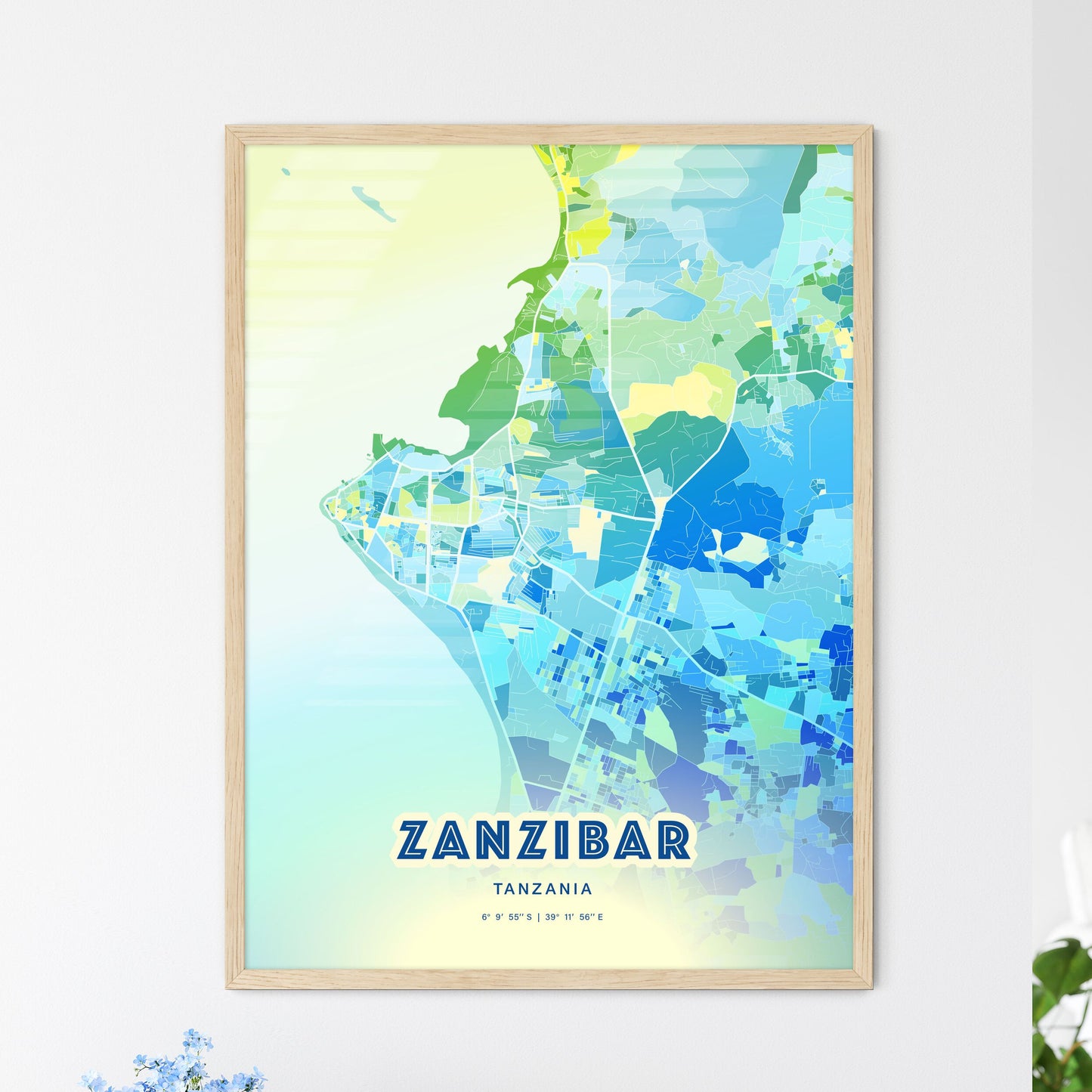 Colorful ZANZIBAR TANZANIA Fine Art Map Cool Blue