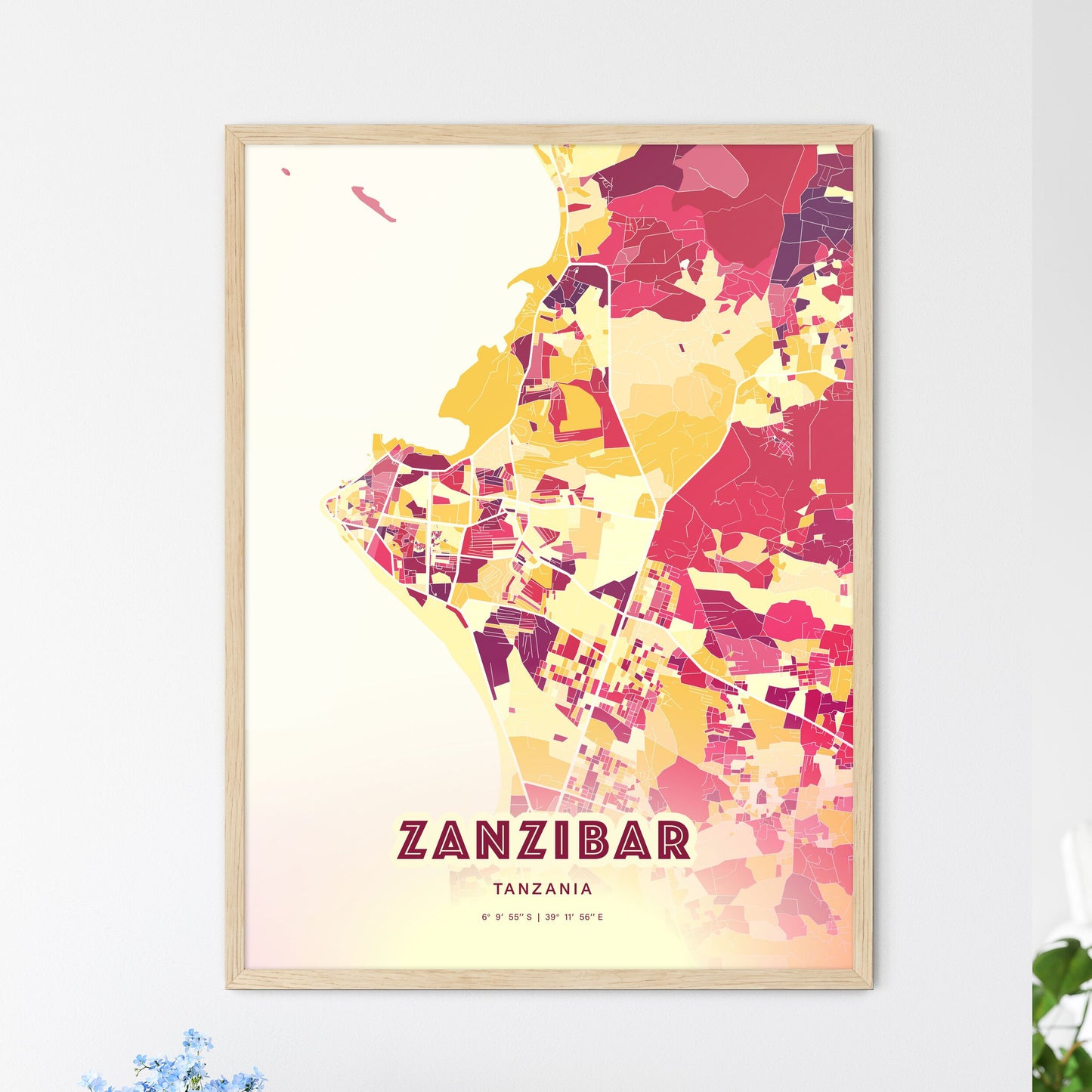 Colorful ZANZIBAR TANZANIA Fine Art Map Hot Red