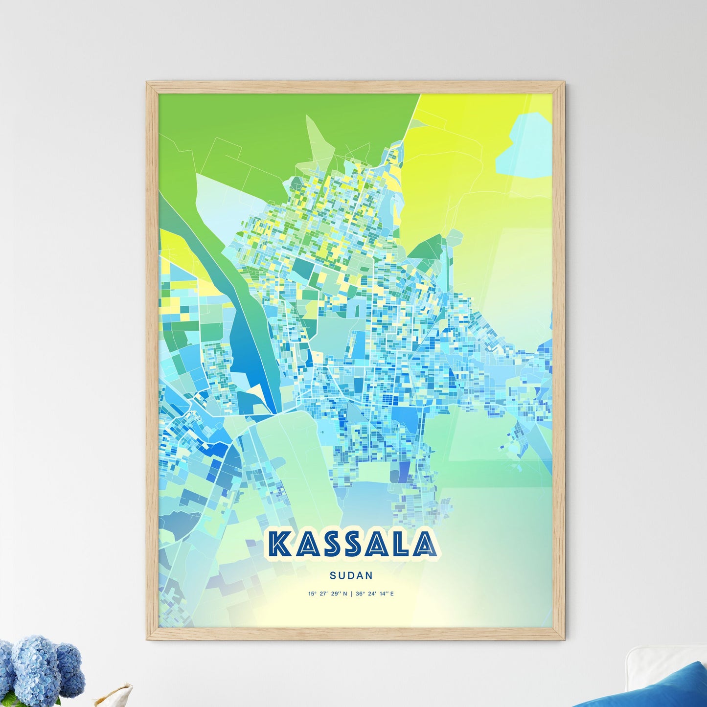 Colorful KASSALA SUDAN Fine Art Map Cool Blue