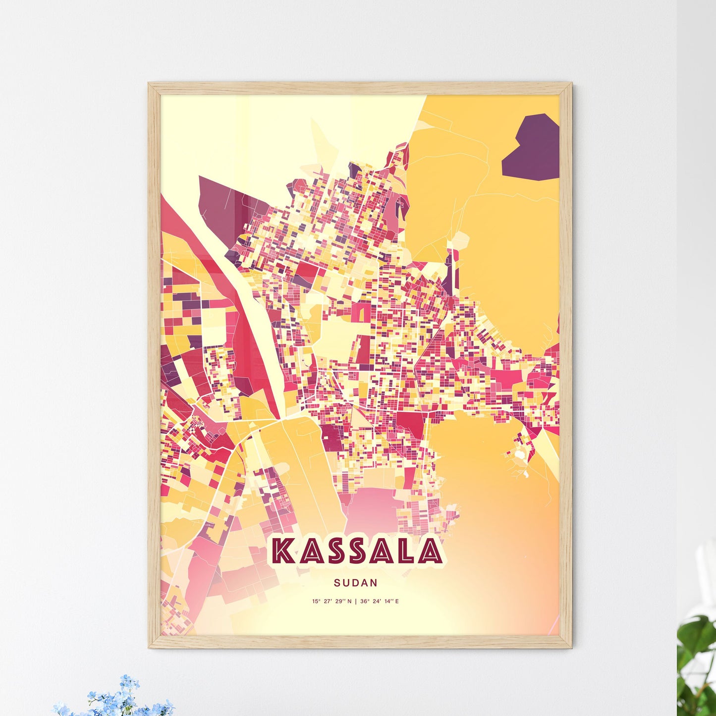 Colorful KASSALA SUDAN Fine Art Map Hot Red