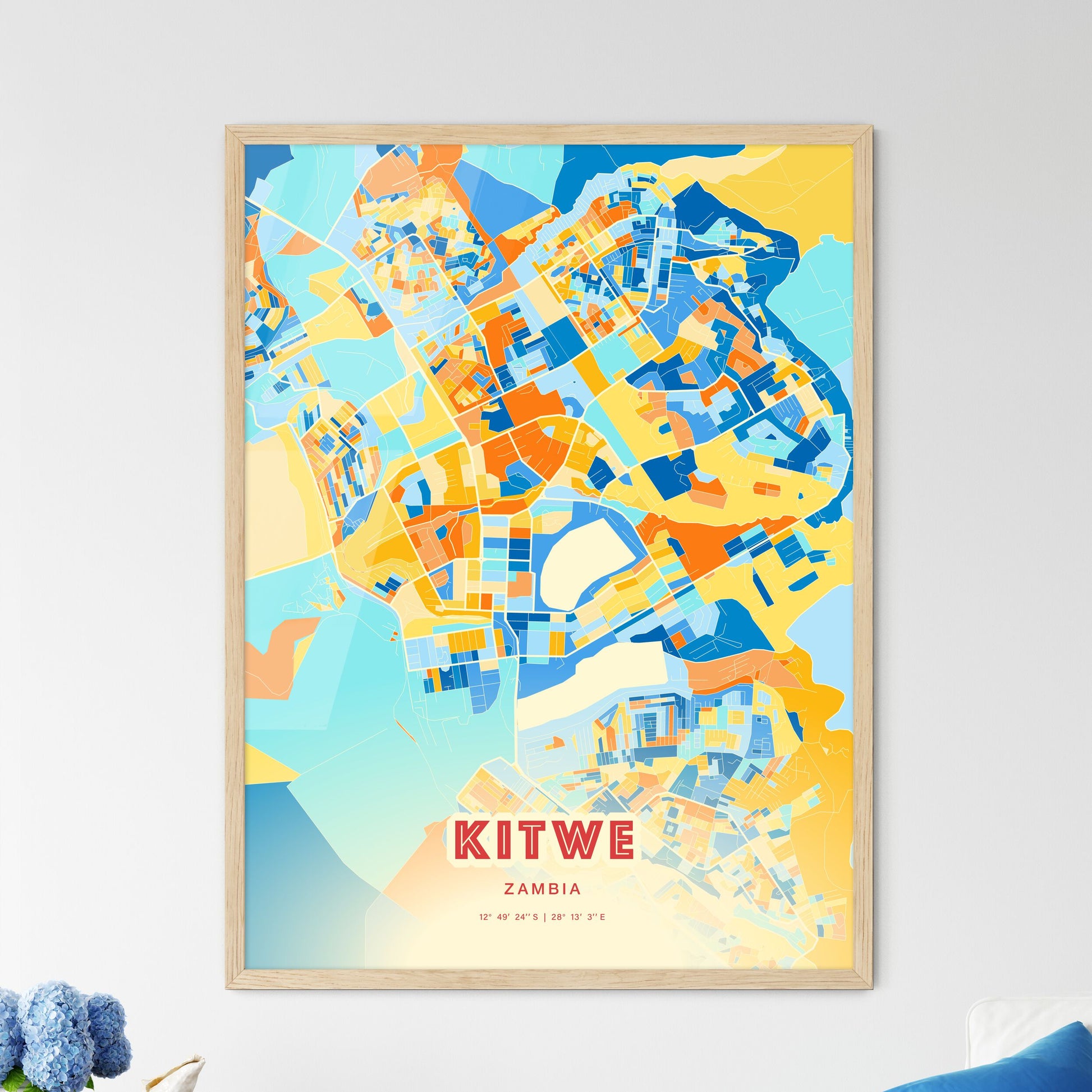 Colorful KITWE ZAMBIA Fine Art Map Blue Orange