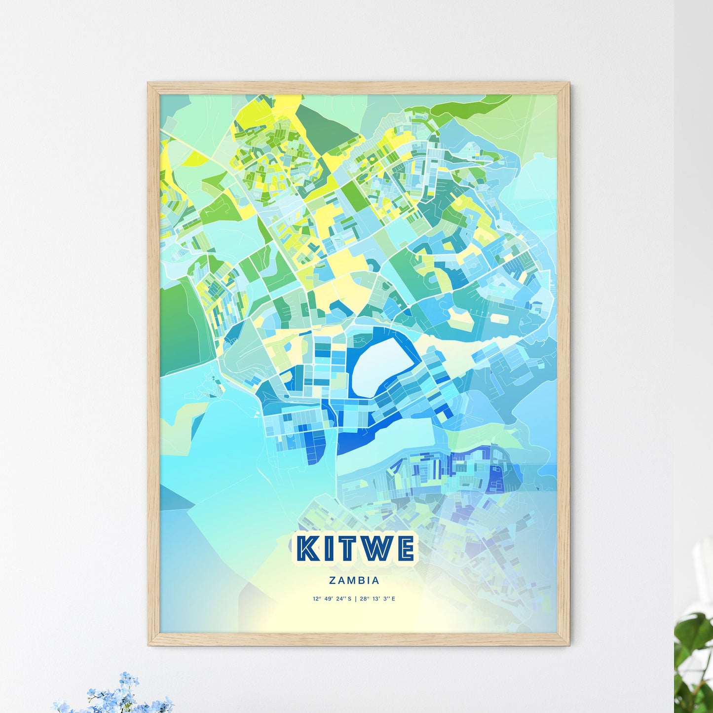 Colorful KITWE ZAMBIA Fine Art Map Cool Blue