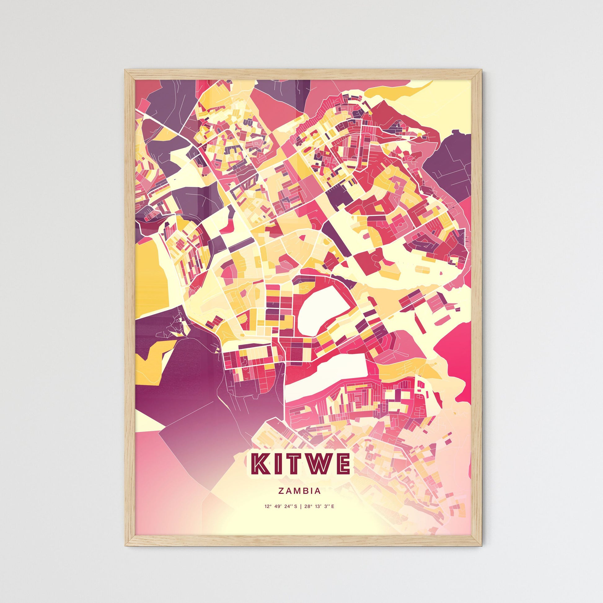 Colorful KITWE ZAMBIA Fine Art Map Hot Red