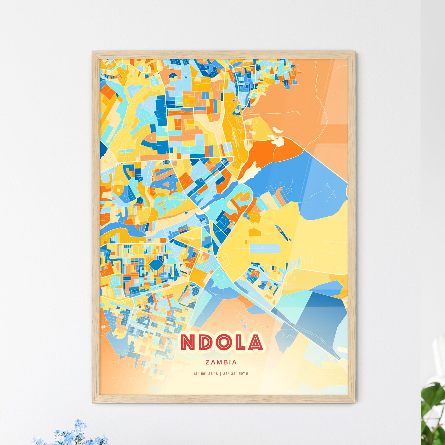 Colorful NDOLA ZAMBIA Fine Art Map Blue Orange