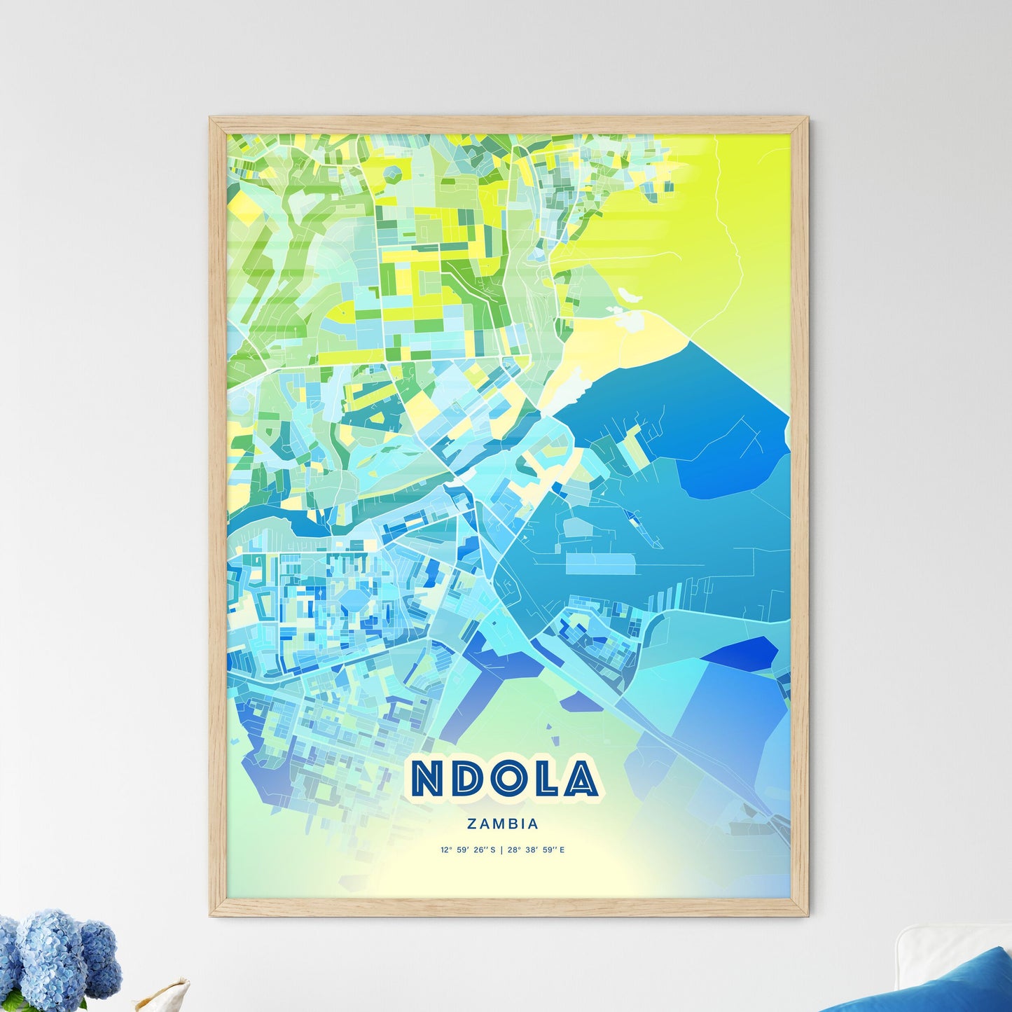 Colorful NDOLA ZAMBIA Fine Art Map Cool Blue