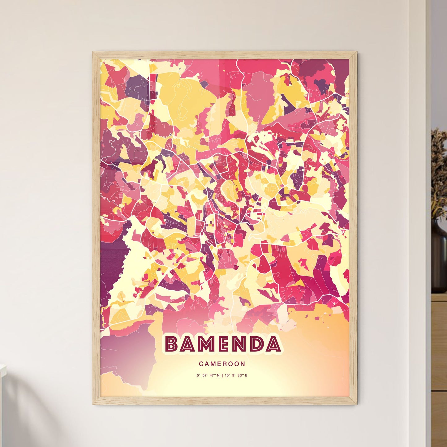 Colorful BAMENDA CAMEROON Fine Art Map Hot Red