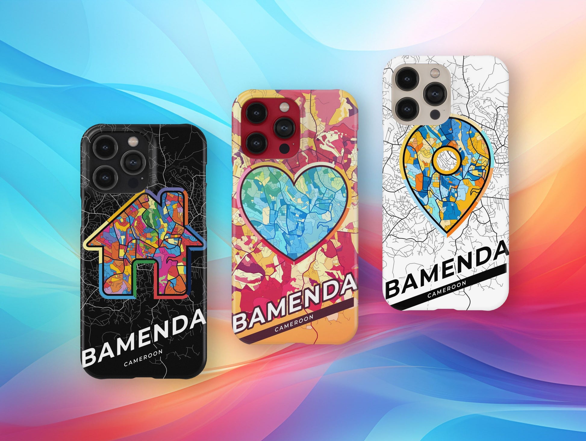 Bamenda Cameroon slim phone case with colorful icon. Birthday, wedding or housewarming gift. Couple match cases.