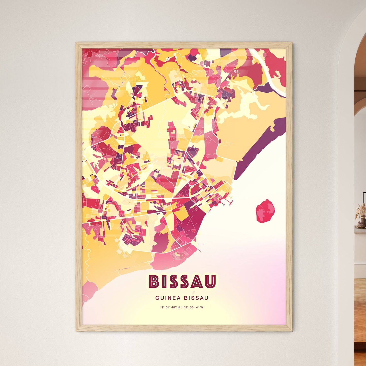 Colorful BISSAU GUINEA BISSAU Fine Art Map Hot Red