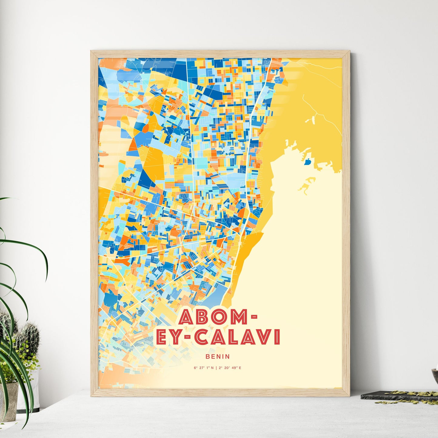 Colorful ABOMEY-CALAVI BENIN Fine Art Map Blue Orange