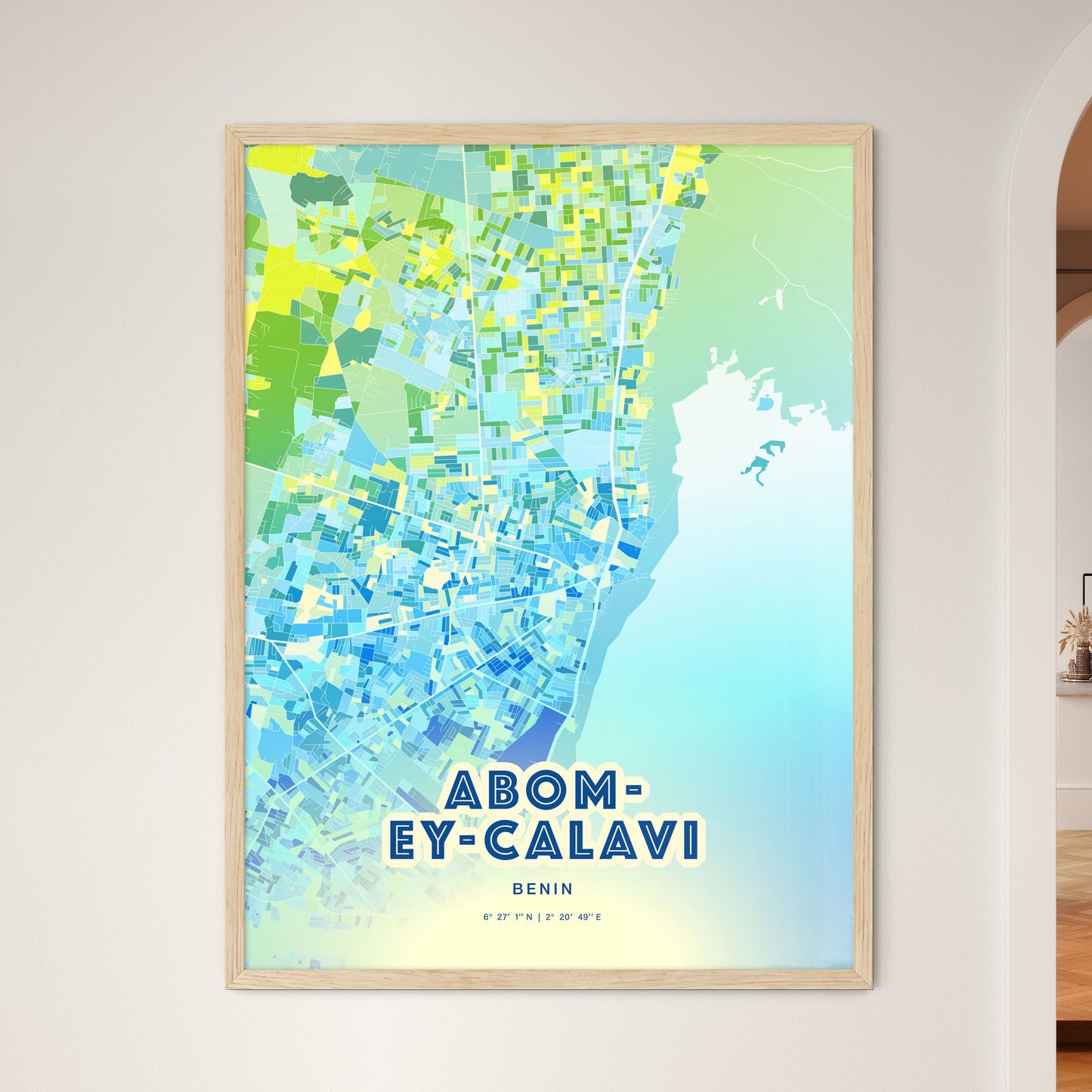 Colorful ABOMEY-CALAVI BENIN Fine Art Map Cool Blue