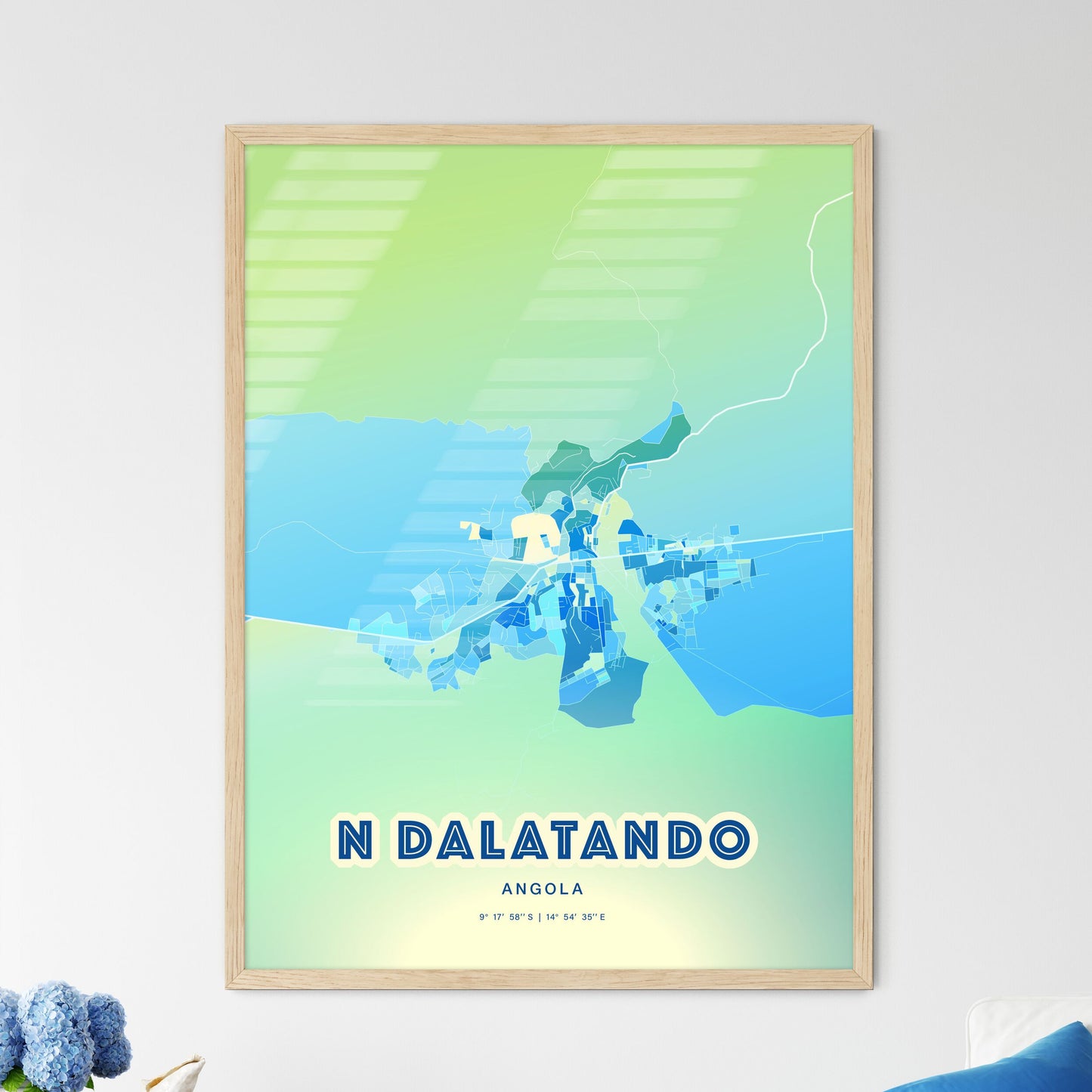 Colorful N DALATANDO ANGOLA Fine Art Map Cool Blue