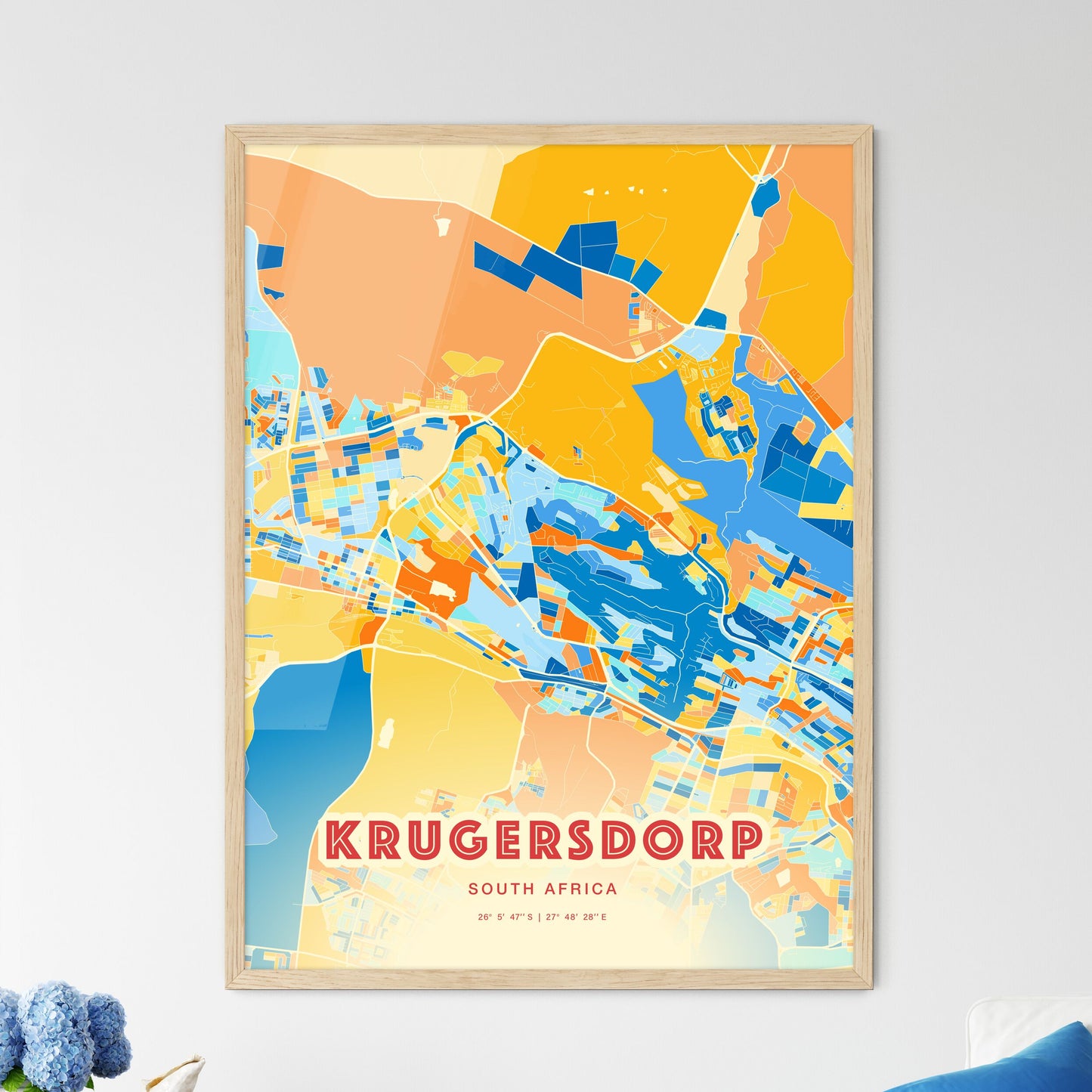 Colorful KRUGERSDORP SOUTH AFRICA Fine Art Map Blue Orange