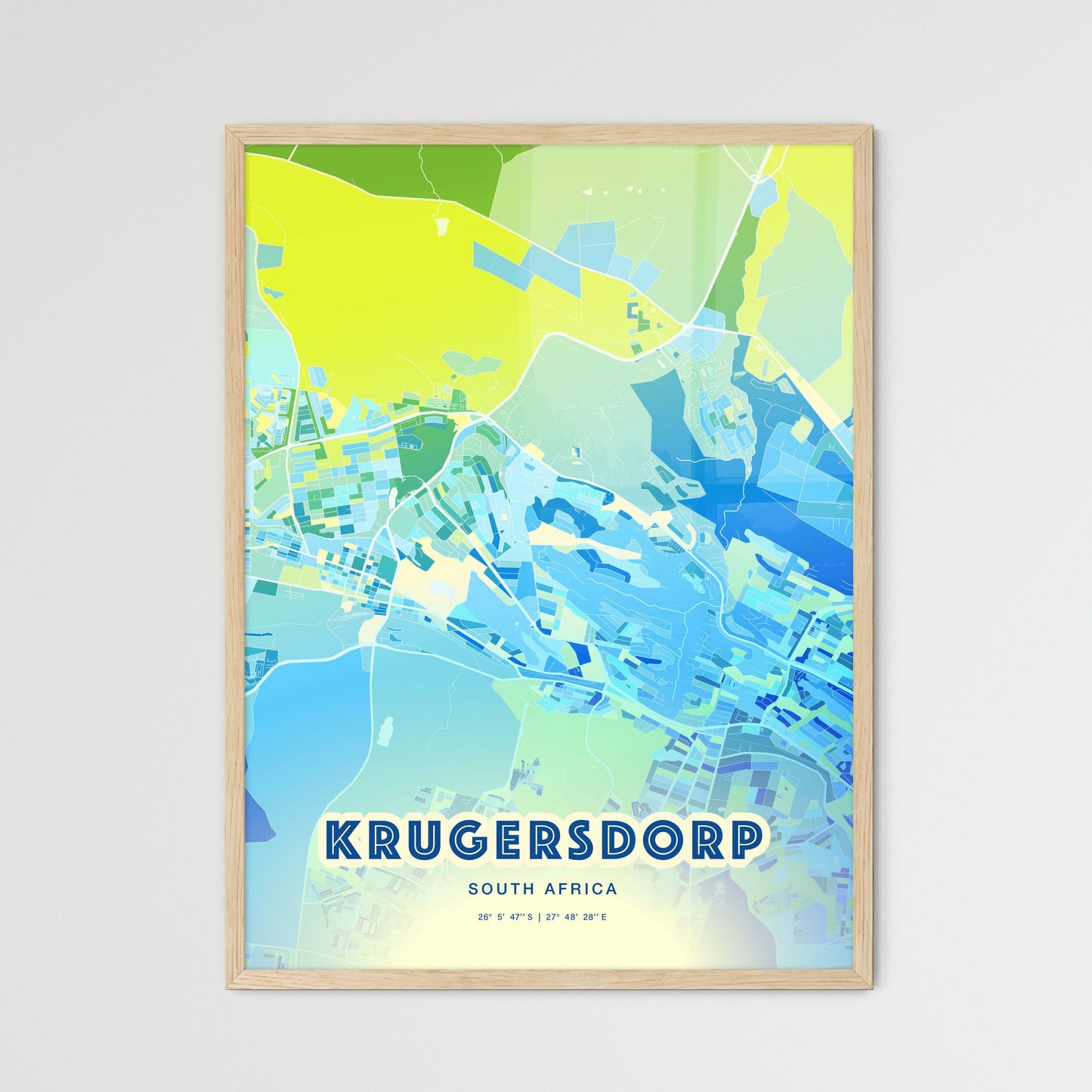 Colorful KRUGERSDORP SOUTH AFRICA Fine Art Map Cool Blue