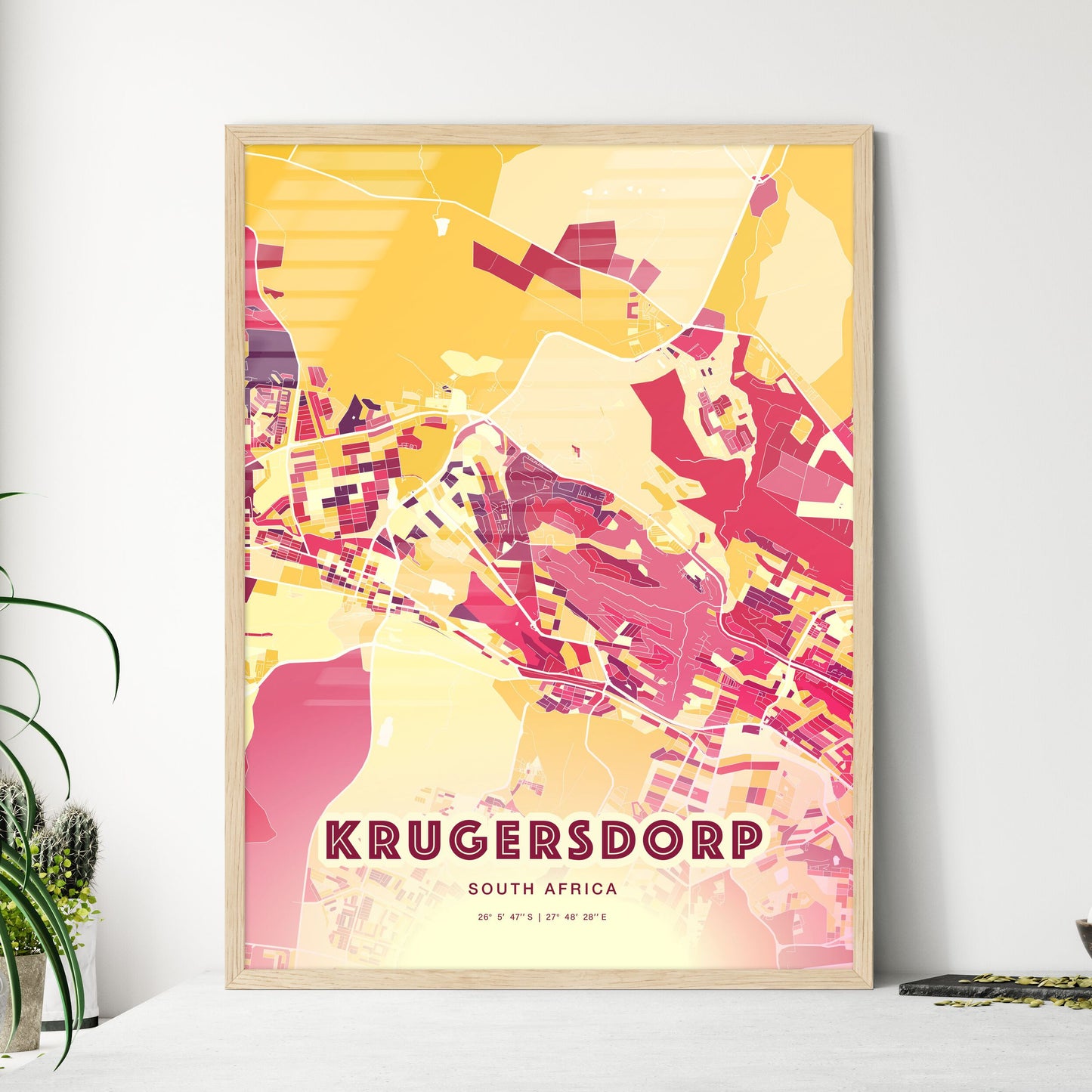 Colorful KRUGERSDORP SOUTH AFRICA Fine Art Map Hot Red