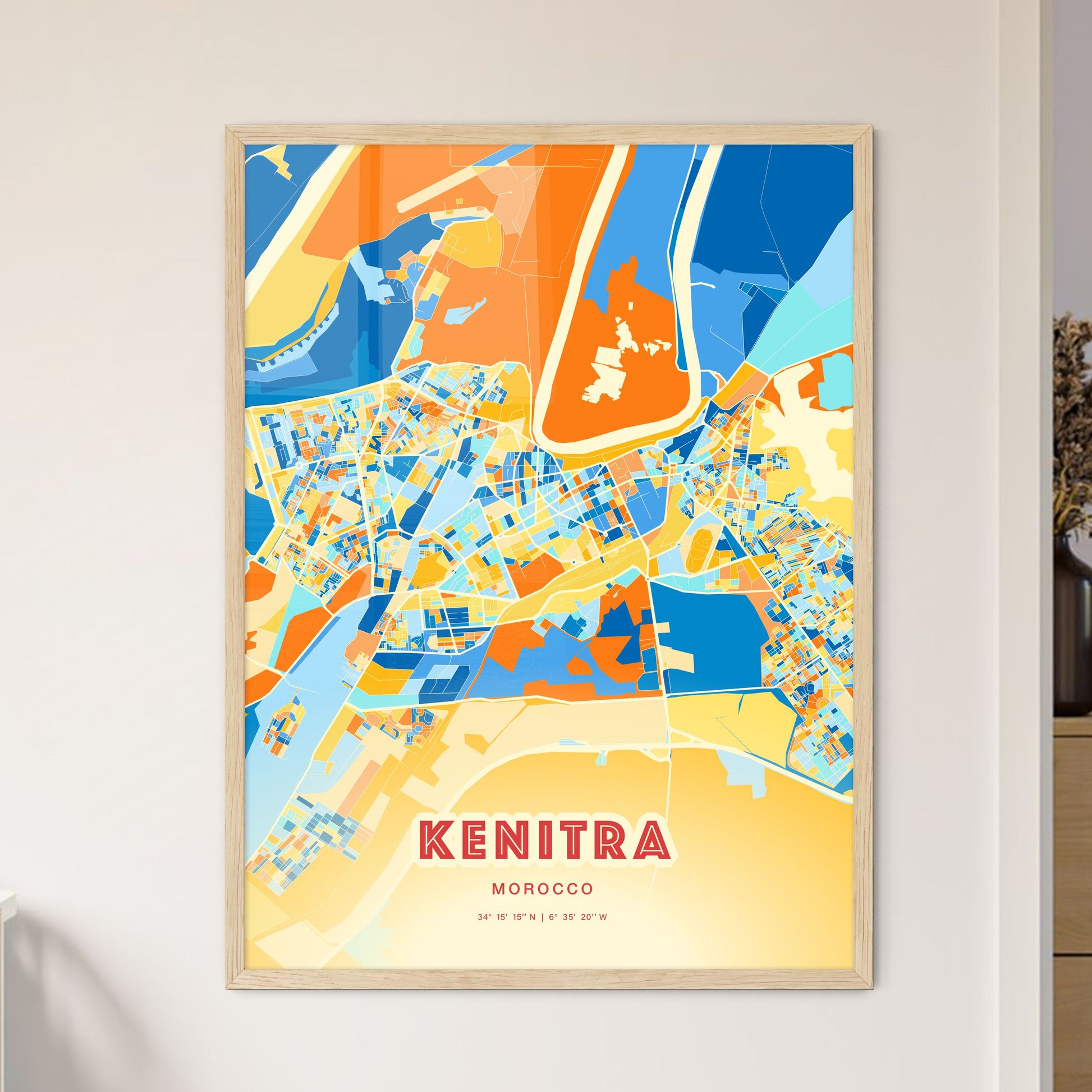 Colorful KENITRA MOROCCO Fine Art Map Blue Orange