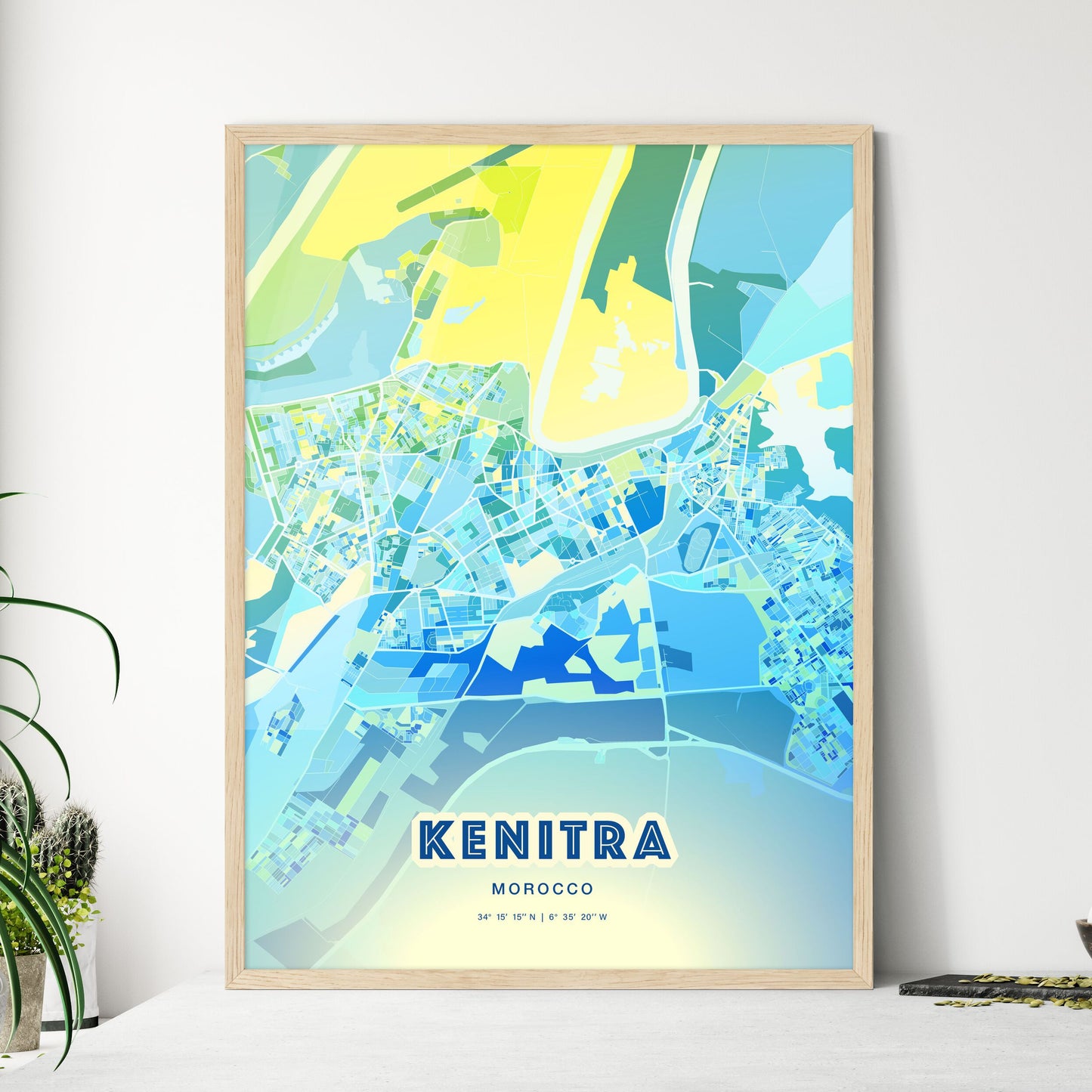 Colorful KENITRA MOROCCO Fine Art Map Cool Blue