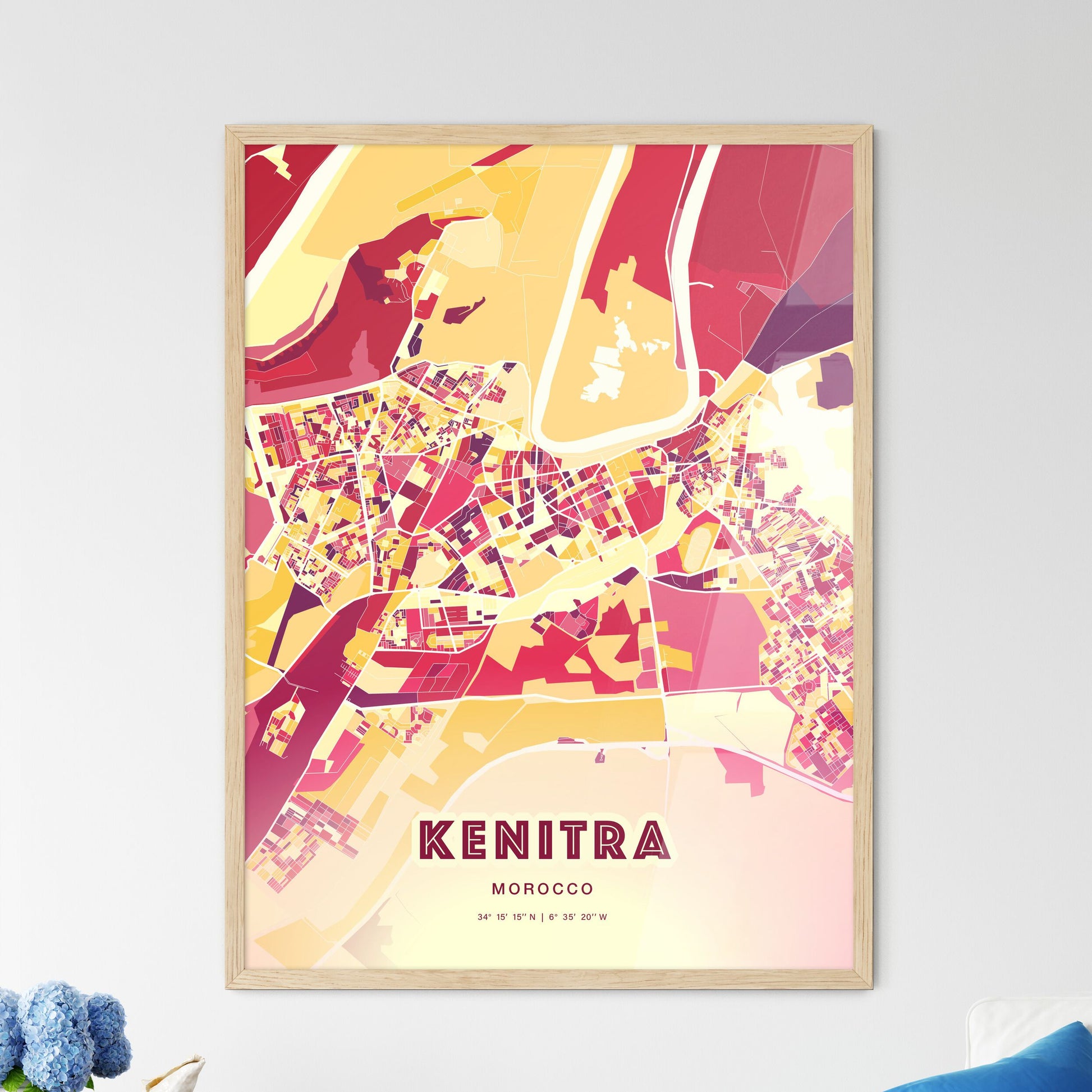 Colorful KENITRA MOROCCO Fine Art Map Hot Red