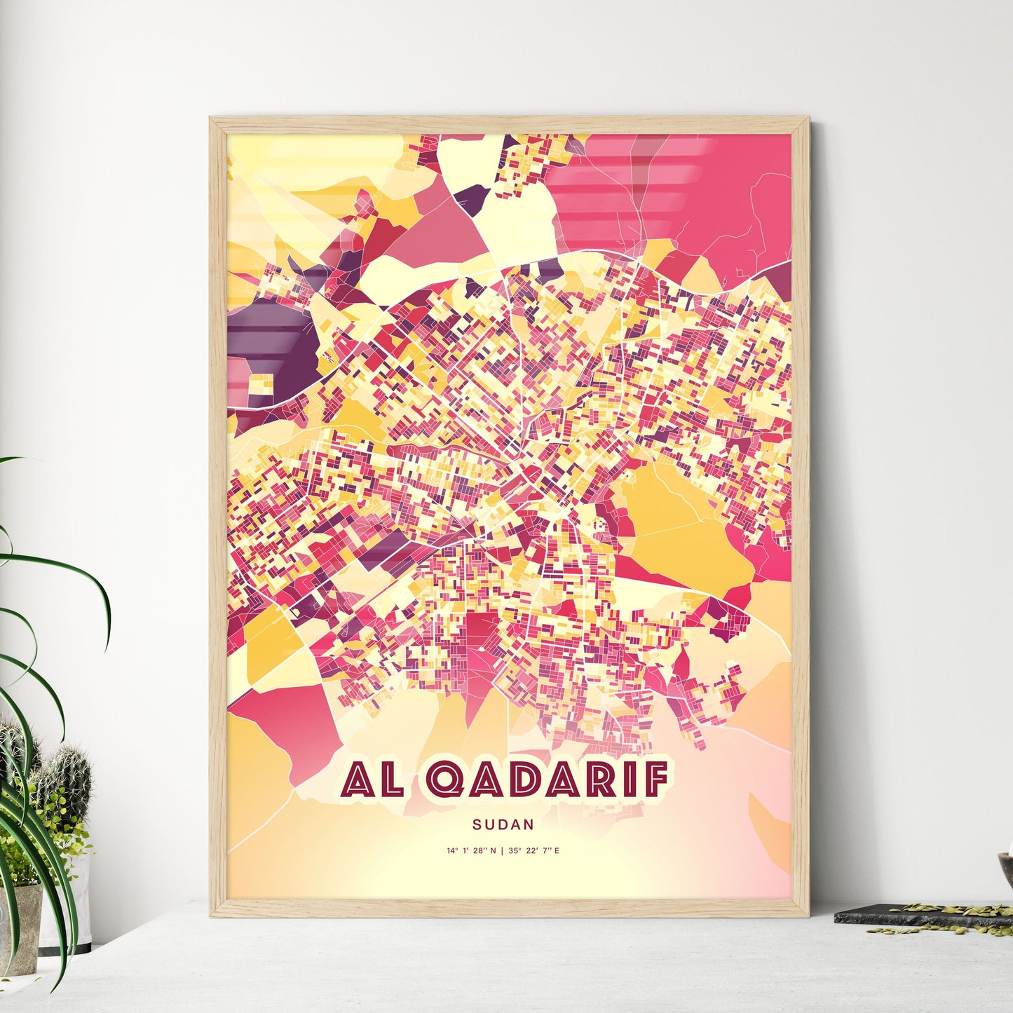 Colorful AL QADARIF SUDAN Fine Art Map Hot Red