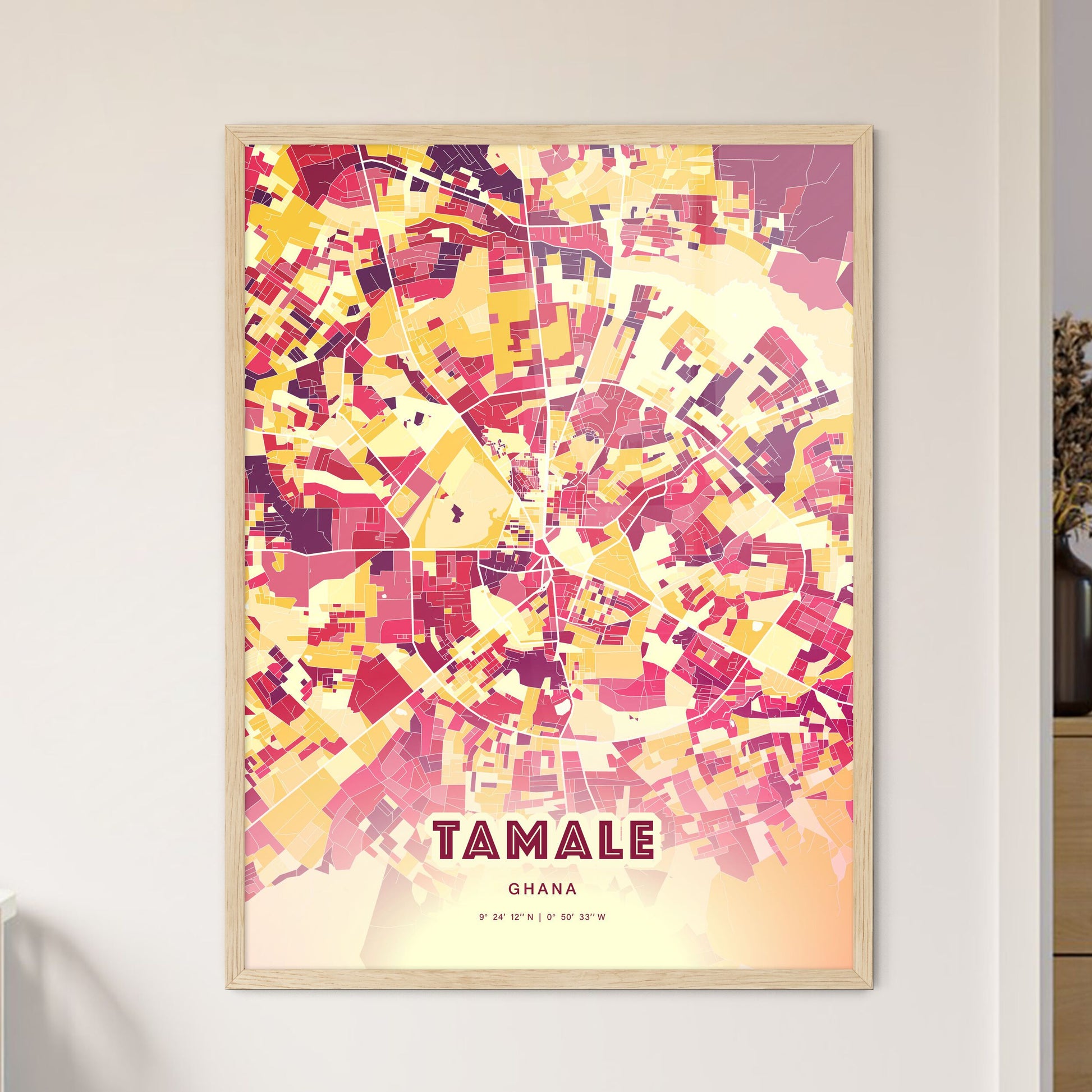 Colorful TAMALE GHANA Fine Art Map Hot Red
