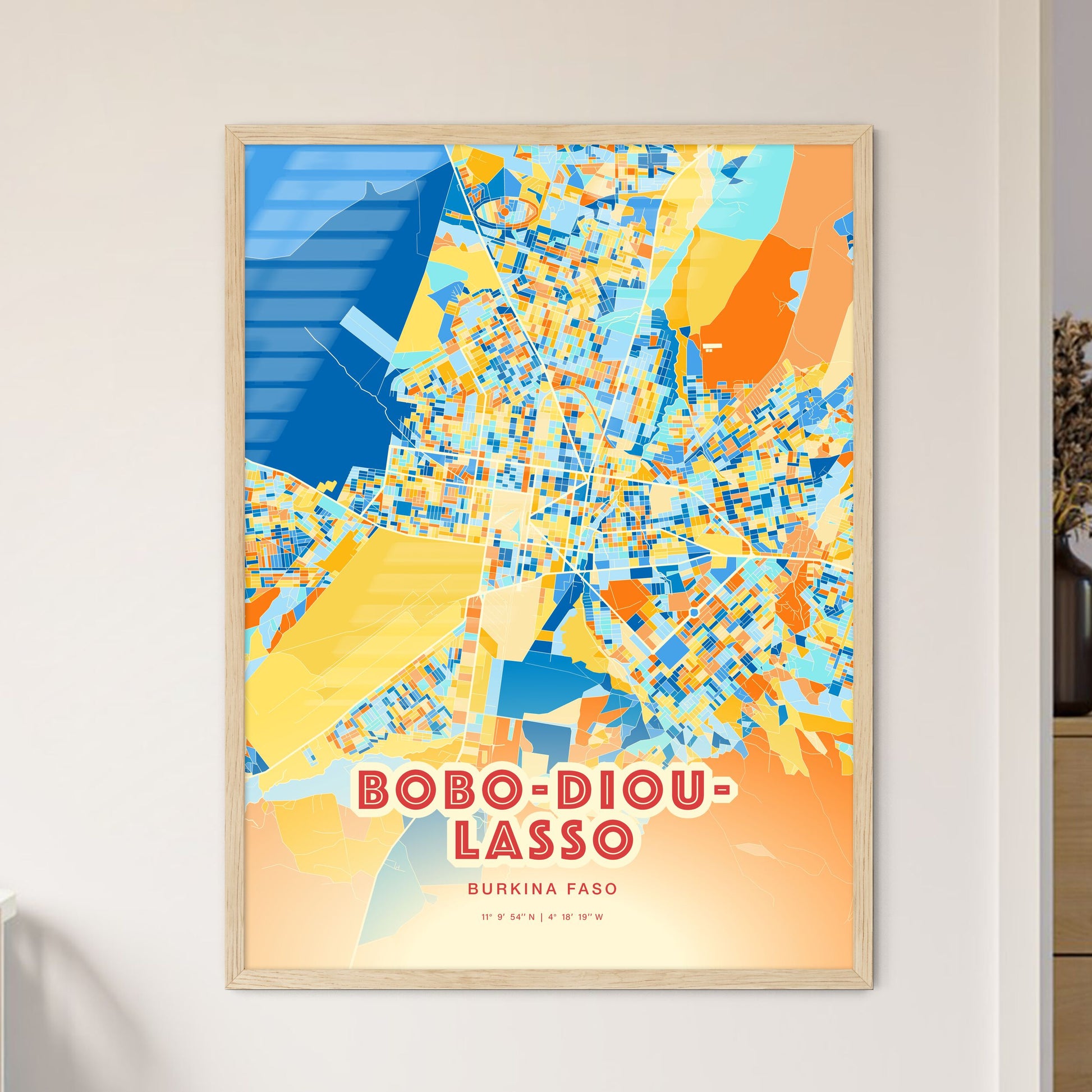 Colorful BOBO-DIOULASSO BURKINA FASO Fine Art Map Blue Orange