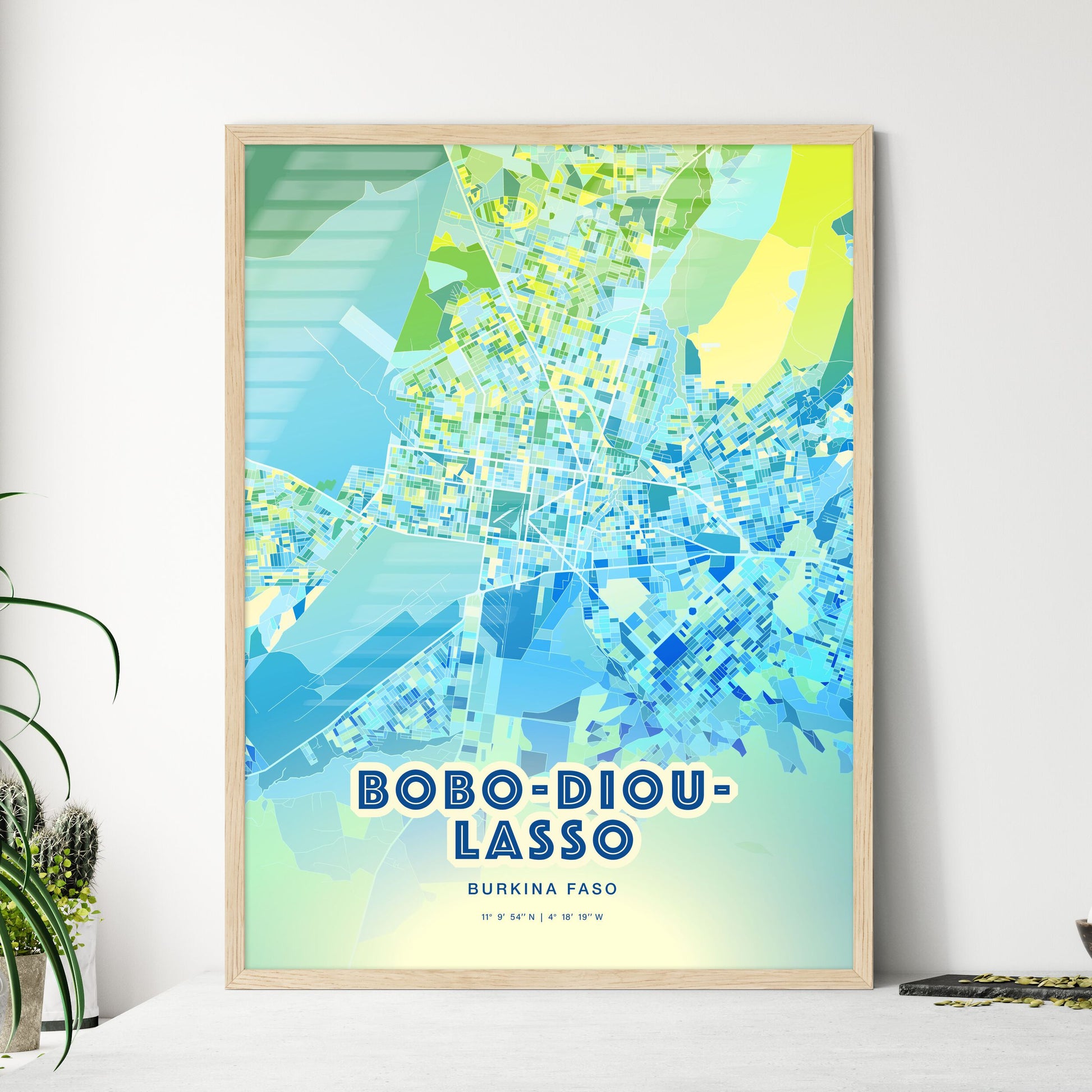 Colorful BOBO-DIOULASSO BURKINA FASO Fine Art Map Cool Blue