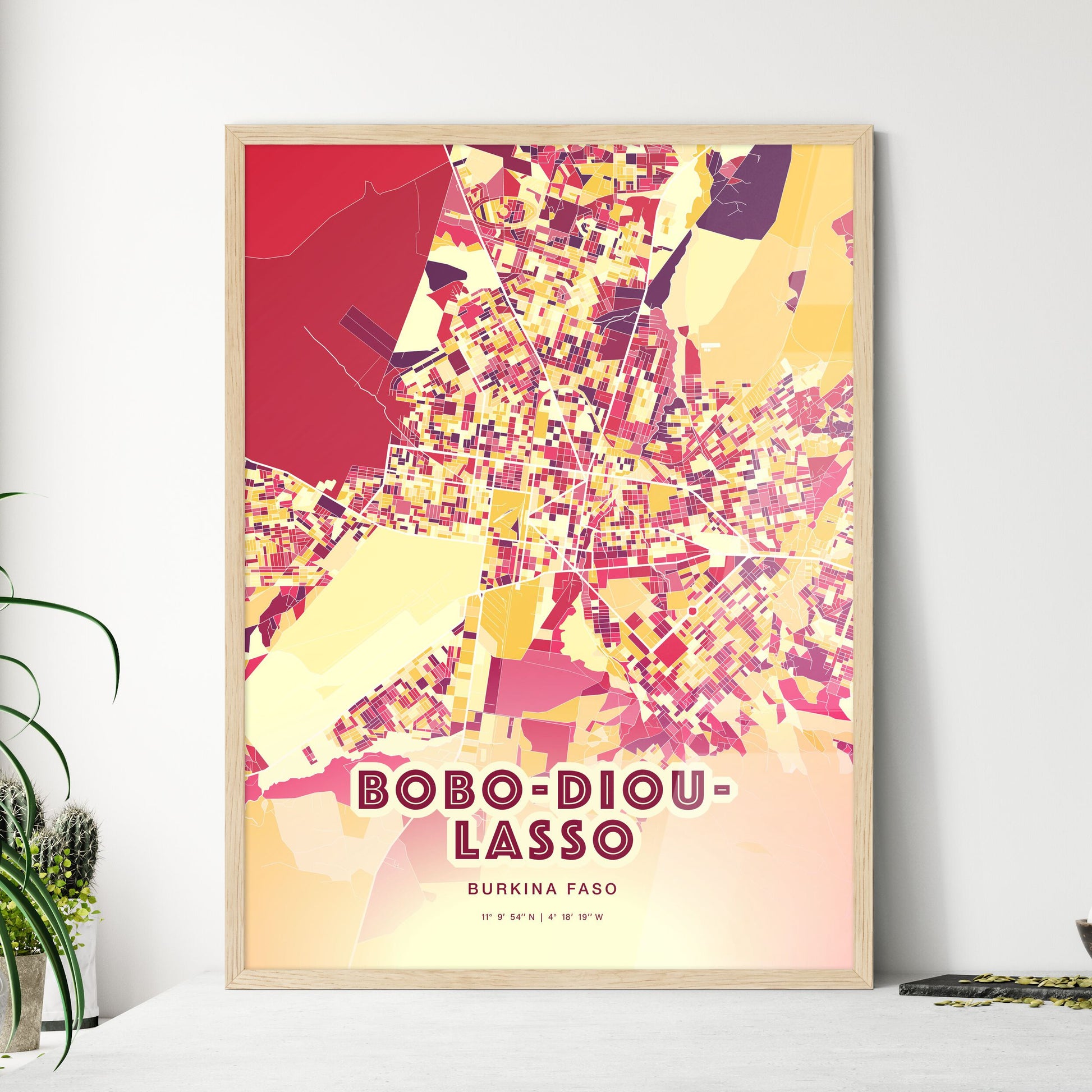 Colorful BOBO-DIOULASSO BURKINA FASO Fine Art Map Hot Red