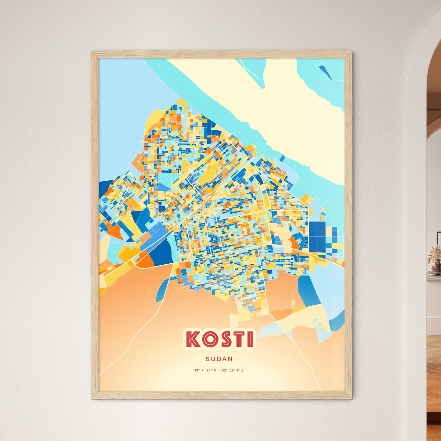 Colorful KOSTI SUDAN Fine Art Map Blue Orange