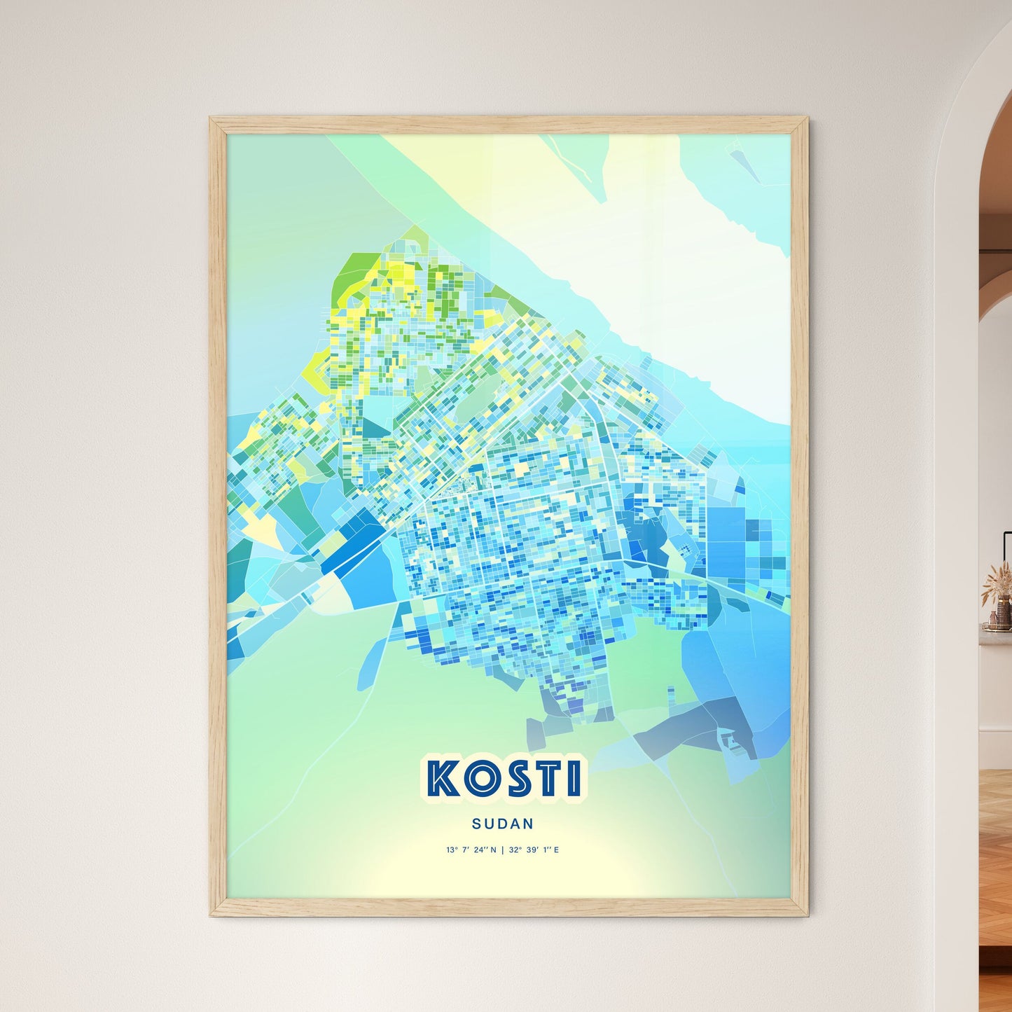 Colorful KOSTI SUDAN Fine Art Map Cool Blue