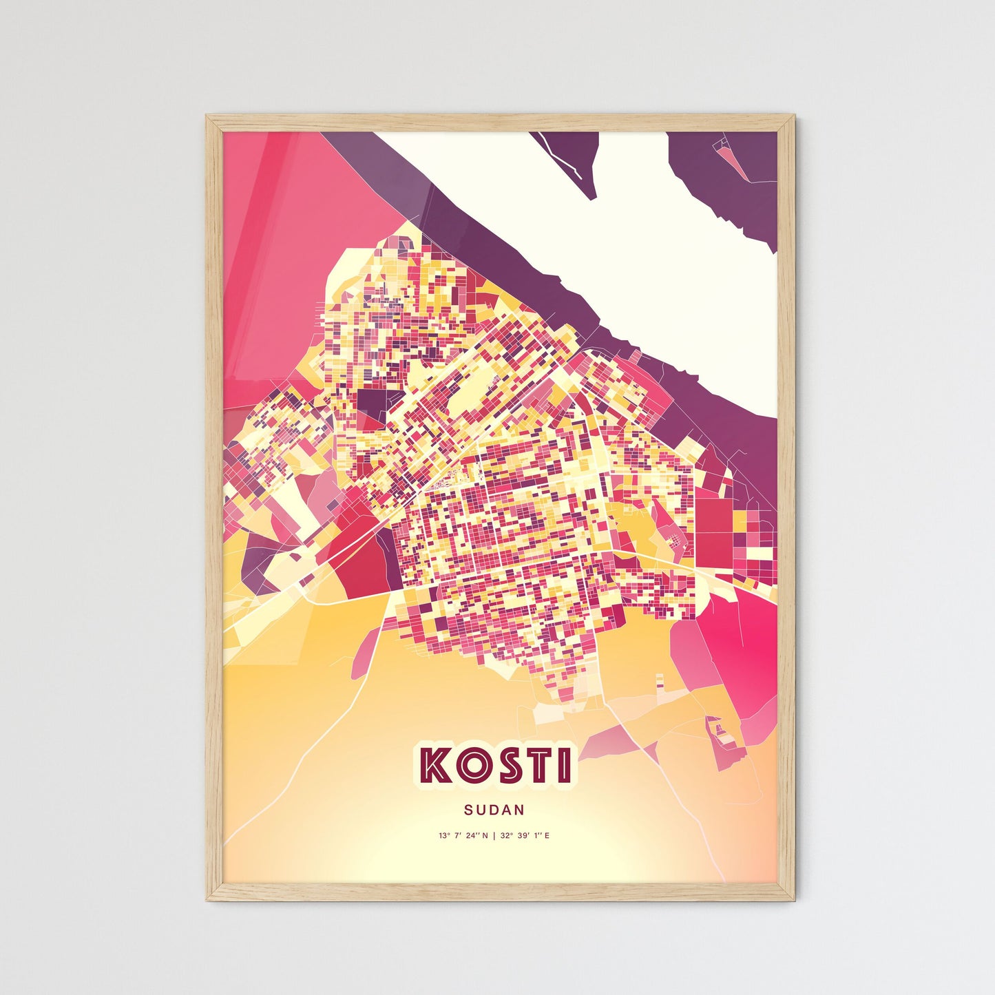 Colorful KOSTI SUDAN Fine Art Map Hot Red