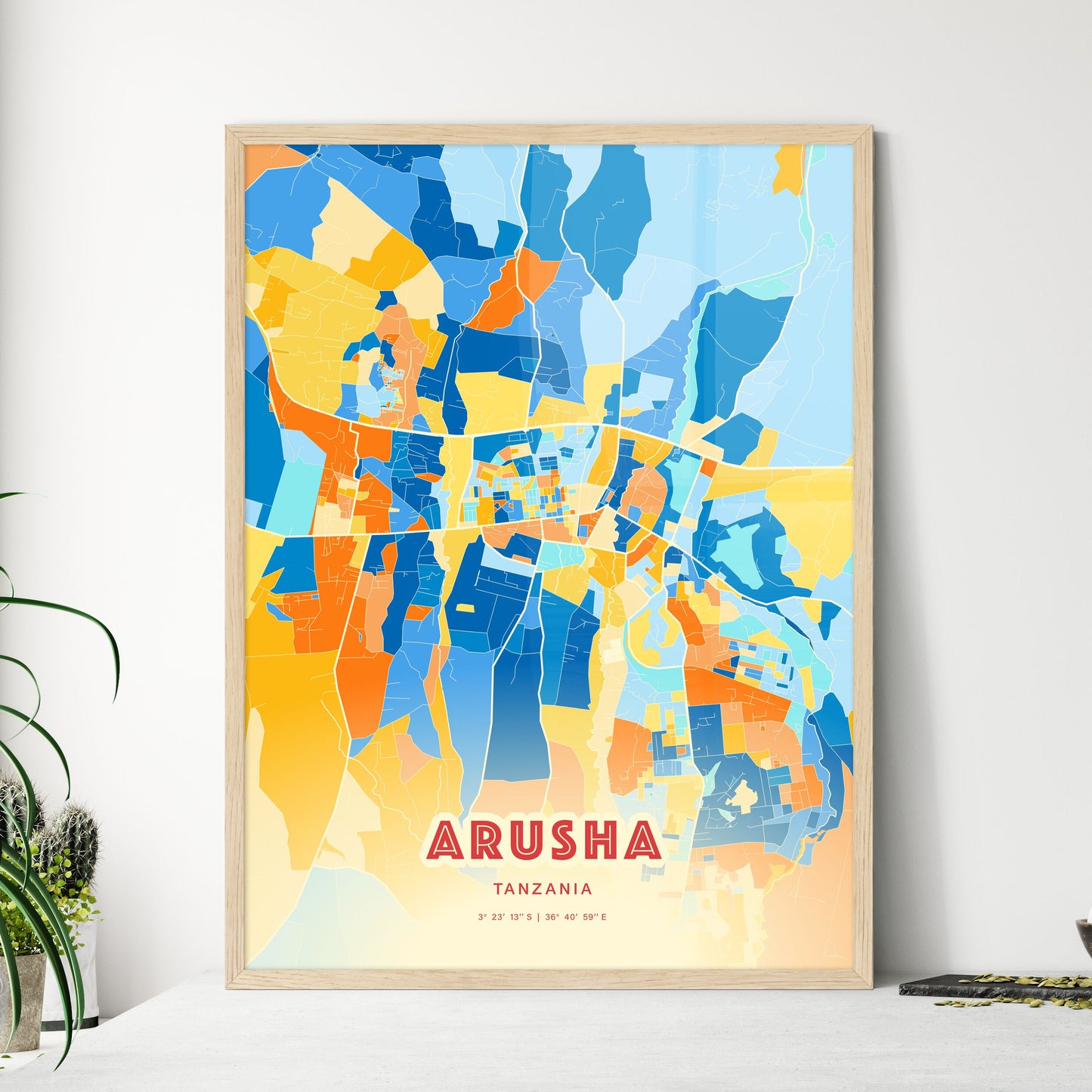 Colorful ARUSHA TANZANIA Fine Art Map Blue Orange