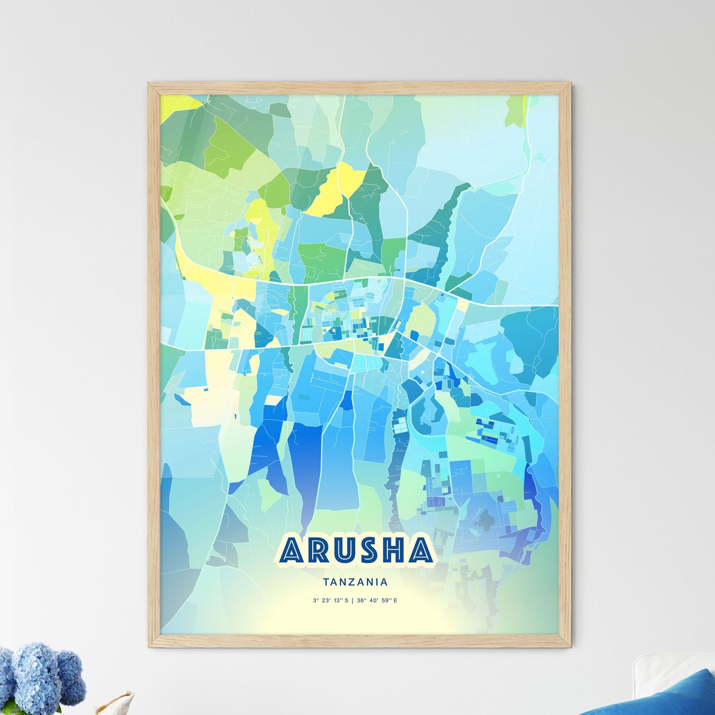 Colorful ARUSHA TANZANIA Fine Art Map Cool Blue