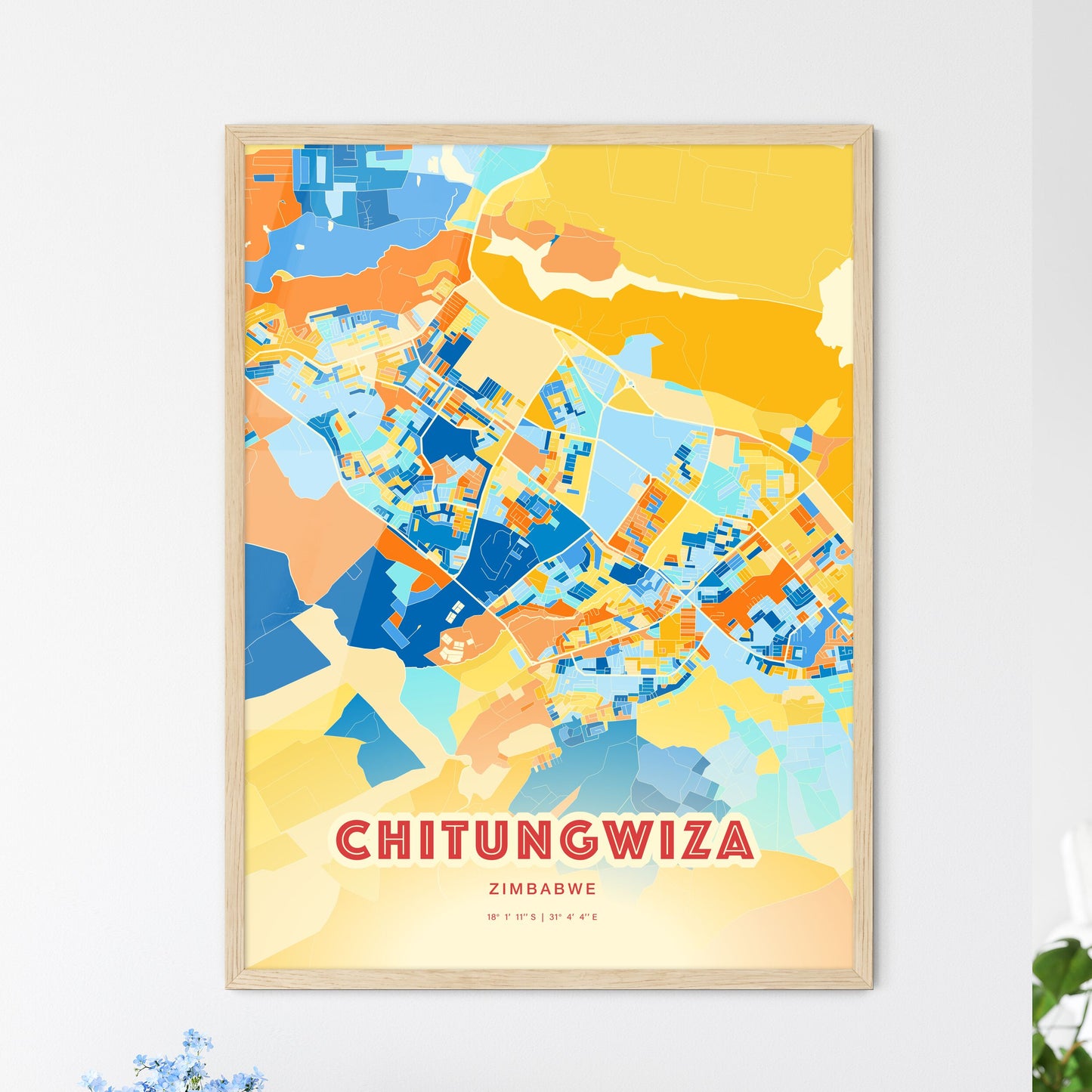 Colorful CHITUNGWIZA ZIMBABWE Fine Art Map Blue Orange