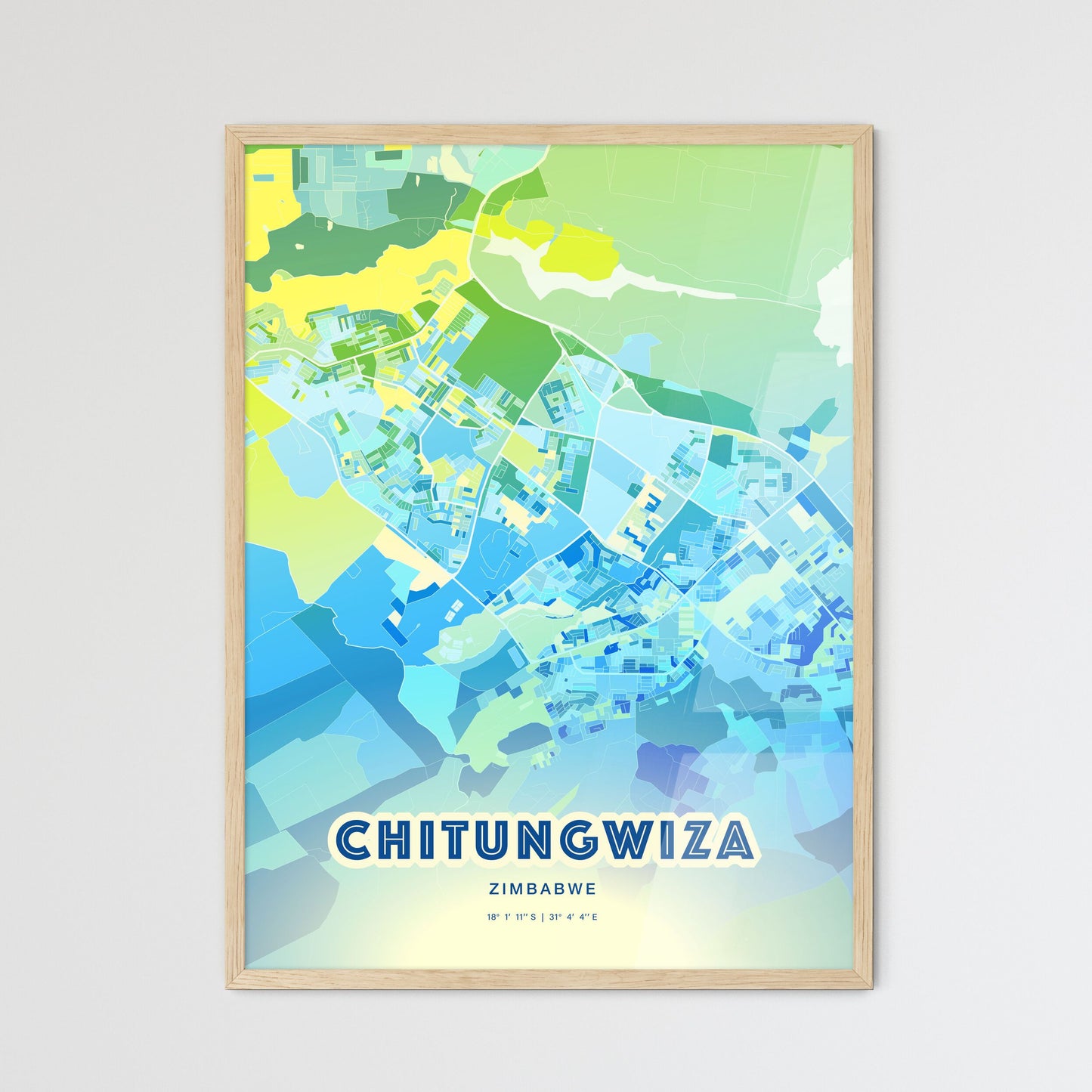 Colorful CHITUNGWIZA ZIMBABWE Fine Art Map Cool Blue