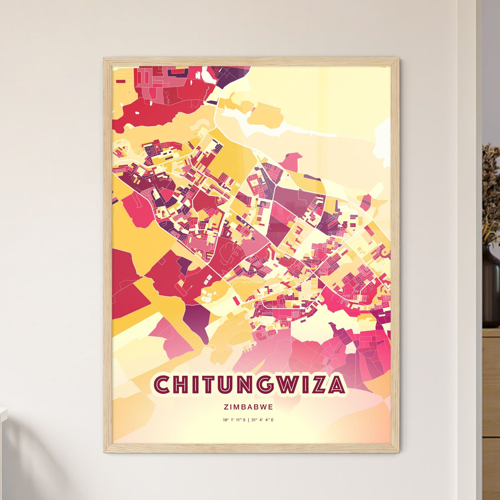 Colorful CHITUNGWIZA ZIMBABWE Fine Art Map Hot Red