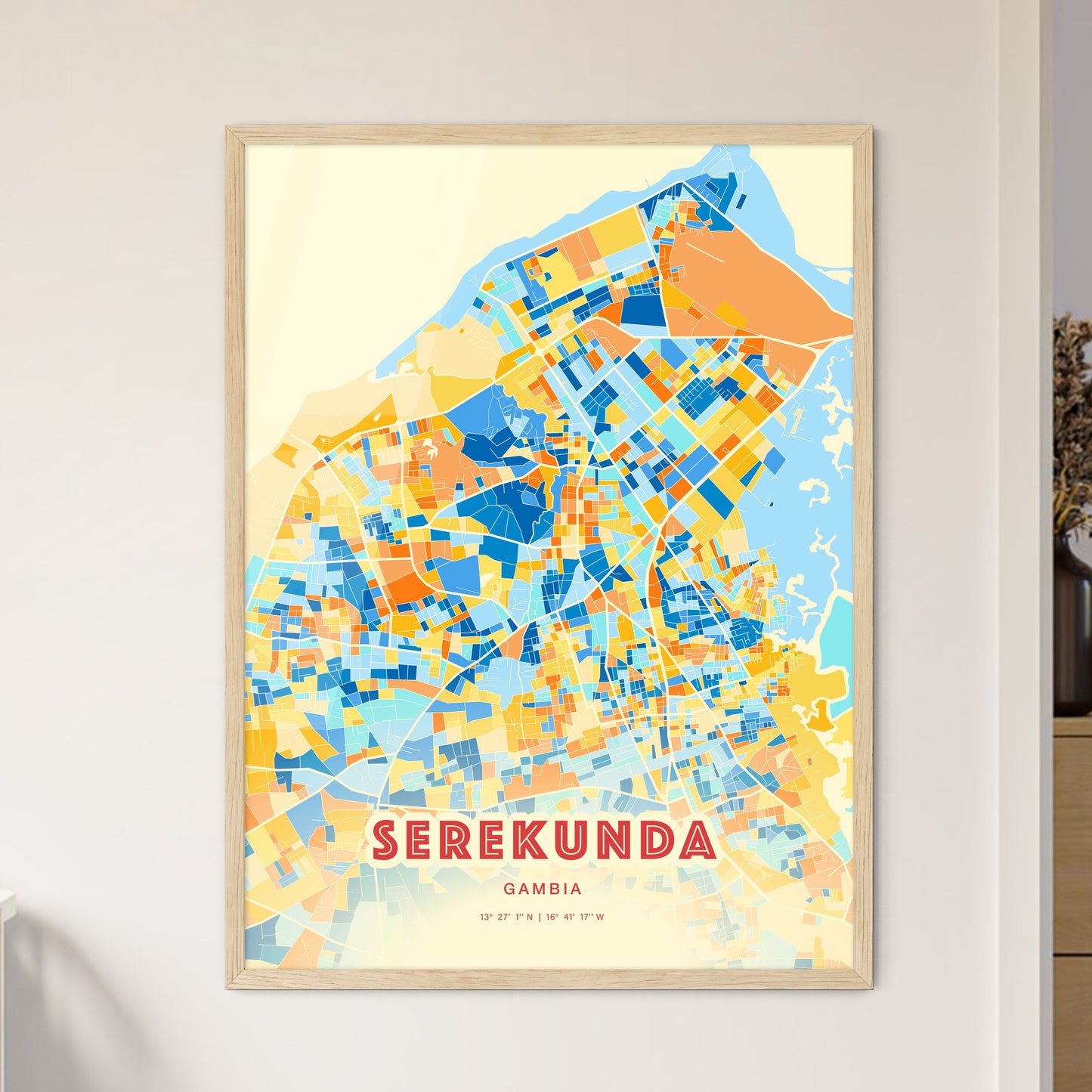 Colorful SEREKUNDA GAMBIA Fine Art Map Blue Orange