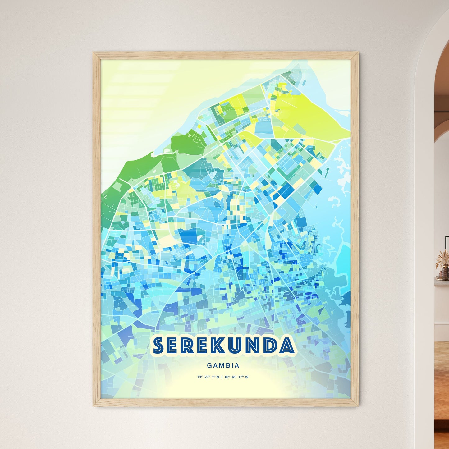 Colorful SEREKUNDA GAMBIA Fine Art Map Cool Blue