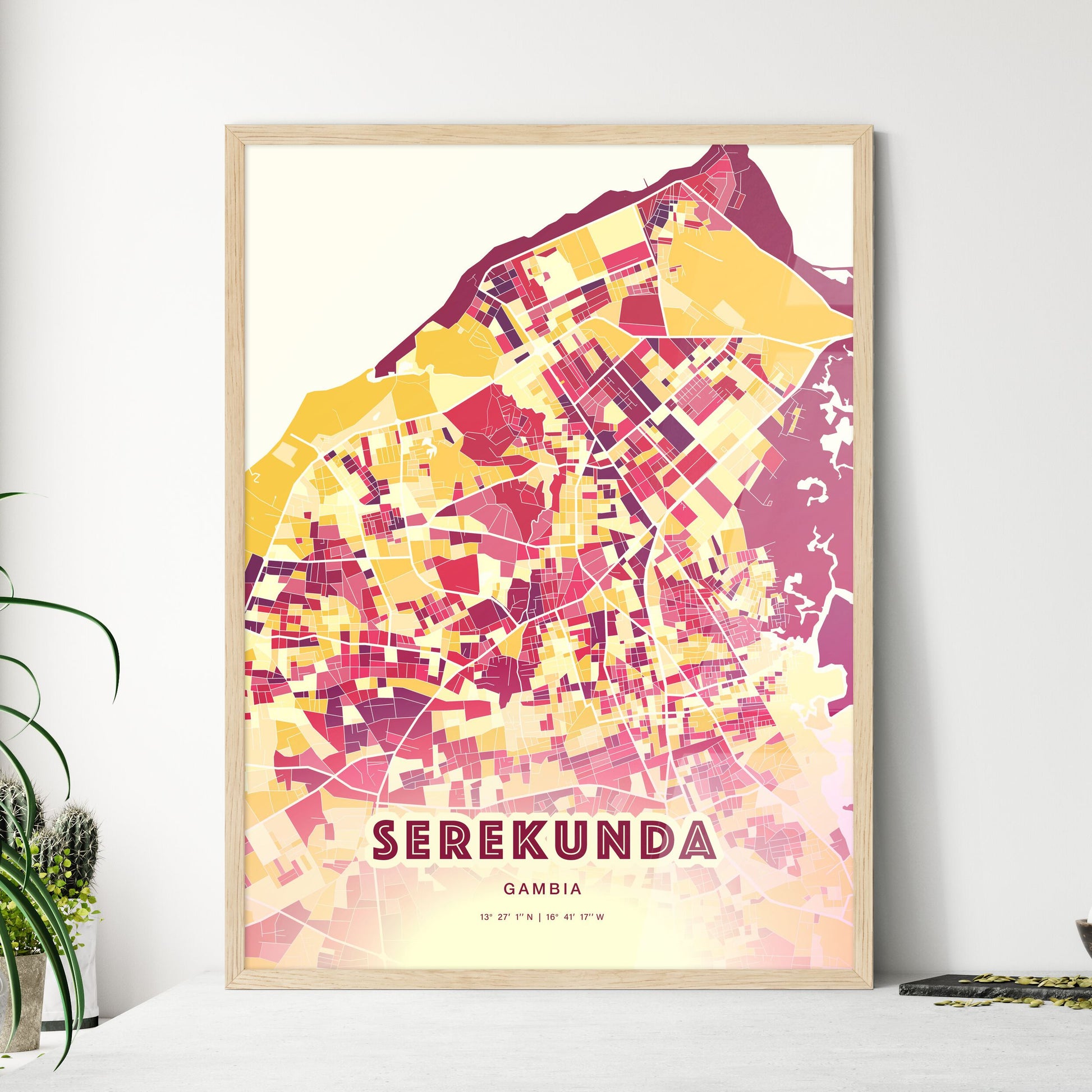 Colorful SEREKUNDA GAMBIA Fine Art Map Hot Red