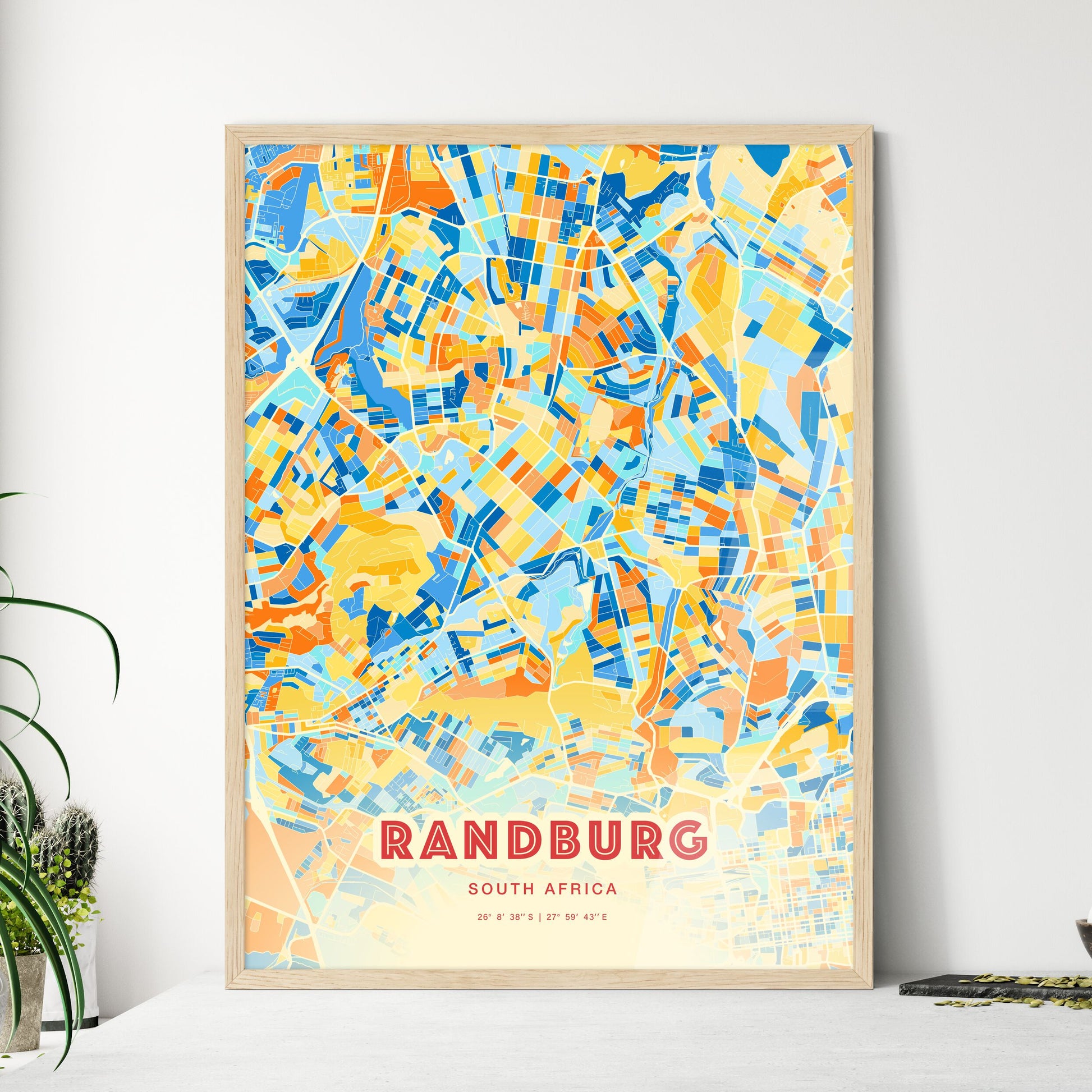 Colorful RANDBURG SOUTH AFRICA Fine Art Map Blue Orange