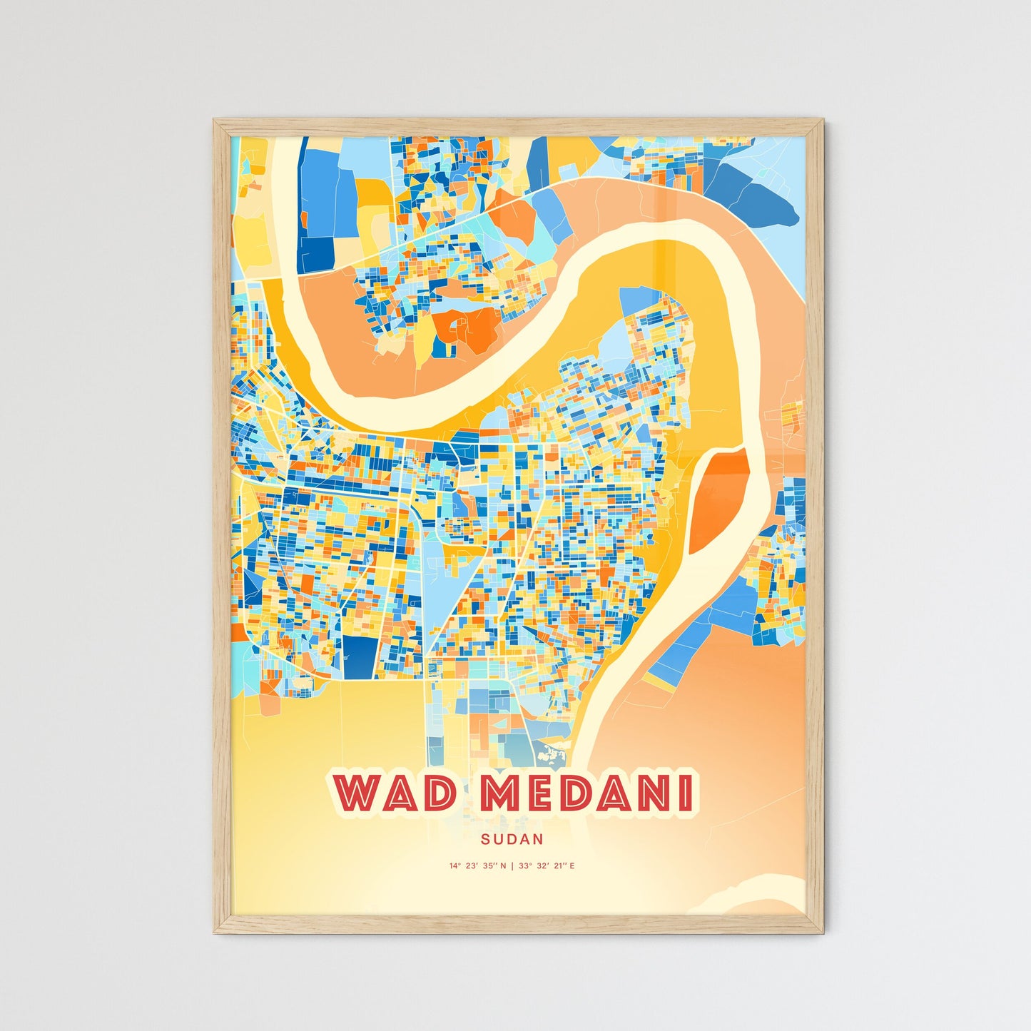 Colorful WAD MEDANI SUDAN Fine Art Map Blue Orange